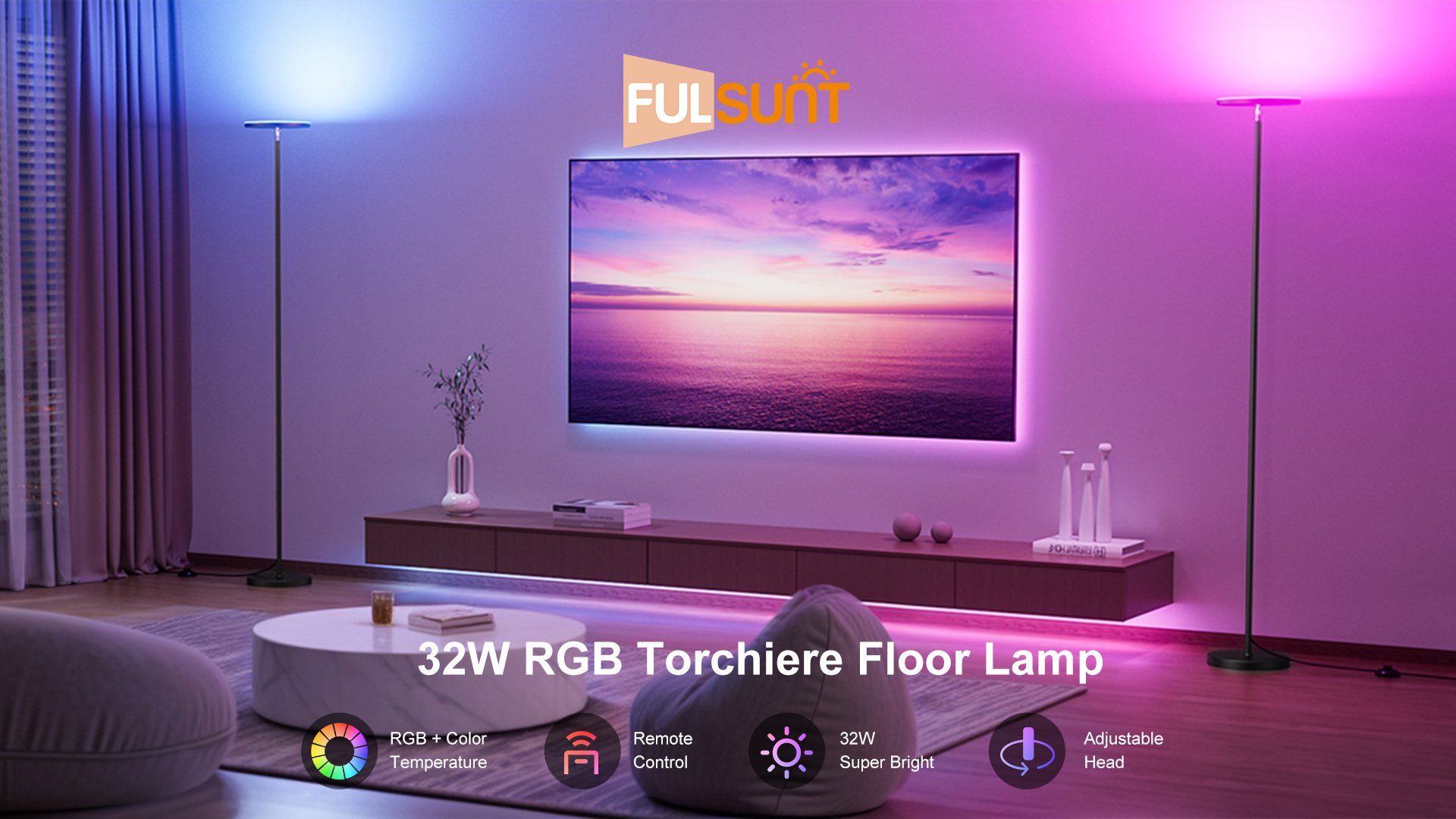 FULSUNT RGB Torchiere Floor Lamps for Living Room, 32W/3200LM