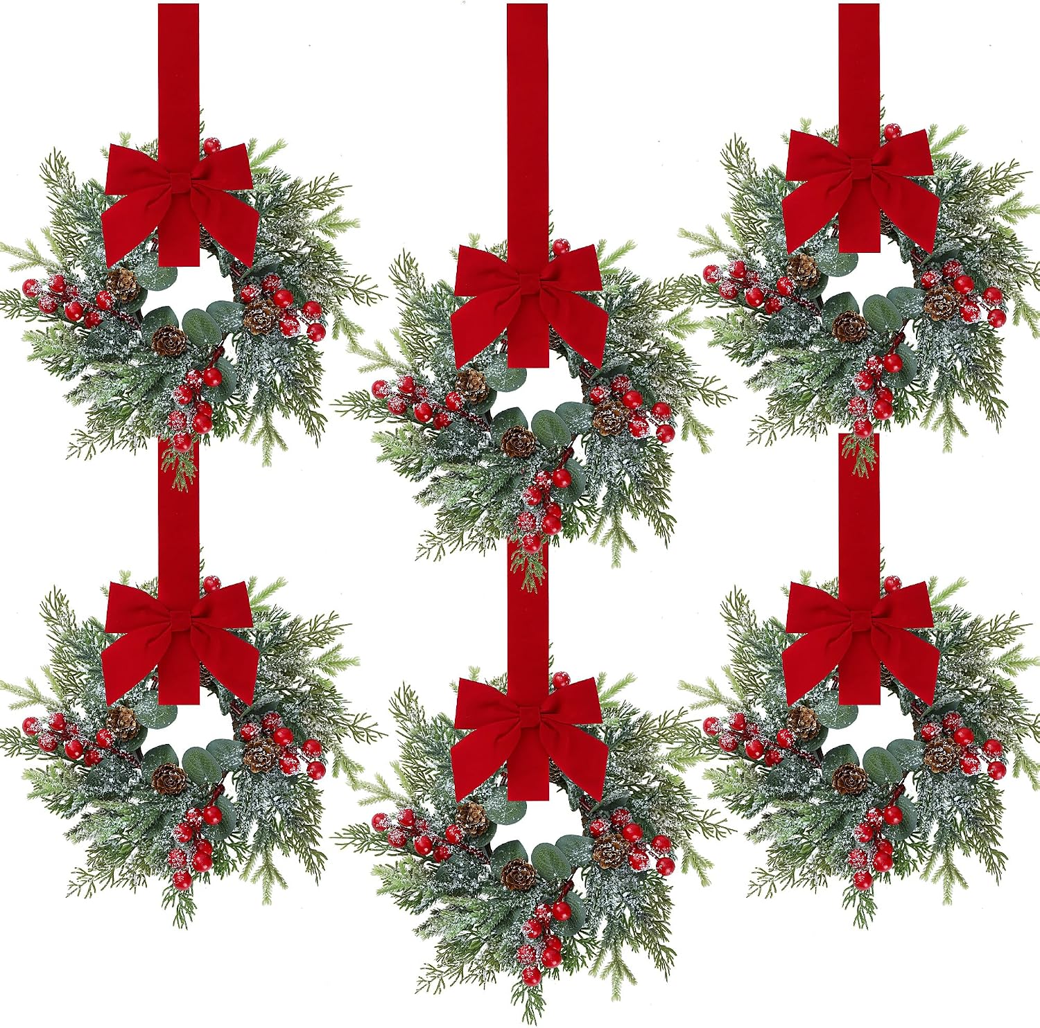 Sggvecsy 6 Pcs Christmas Mini Cabinet Wreaths Norfolk Pine Wreath with Ribbon Bows Red Berry Pinecones Artificial Small Kitchen Wreath for Window Front Door Farmhouse Wall Pillars Xmas Decorations