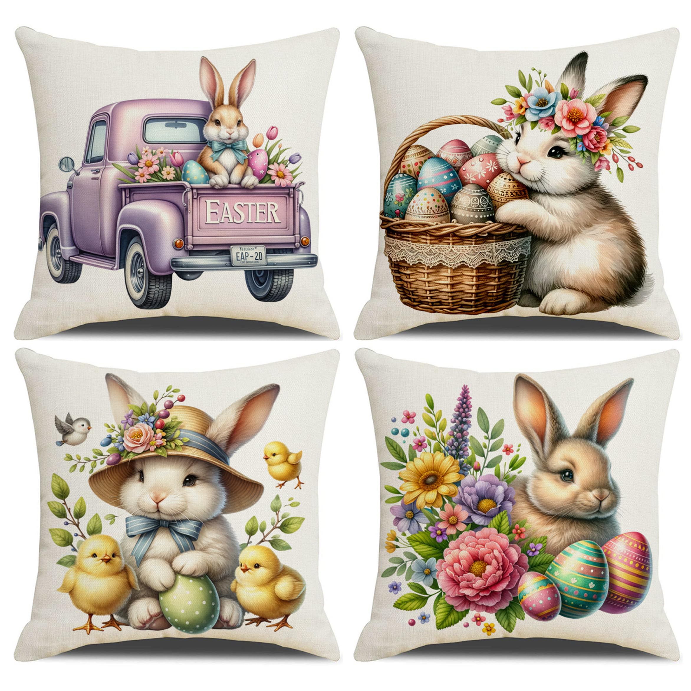 Yeaxxsqy 4pcs Easter Throw Pillow Covers: Bunny & Egg Print Decorative Pillow Cases, Linen Fabric Easter Cushion Covers, 18x18 Inch