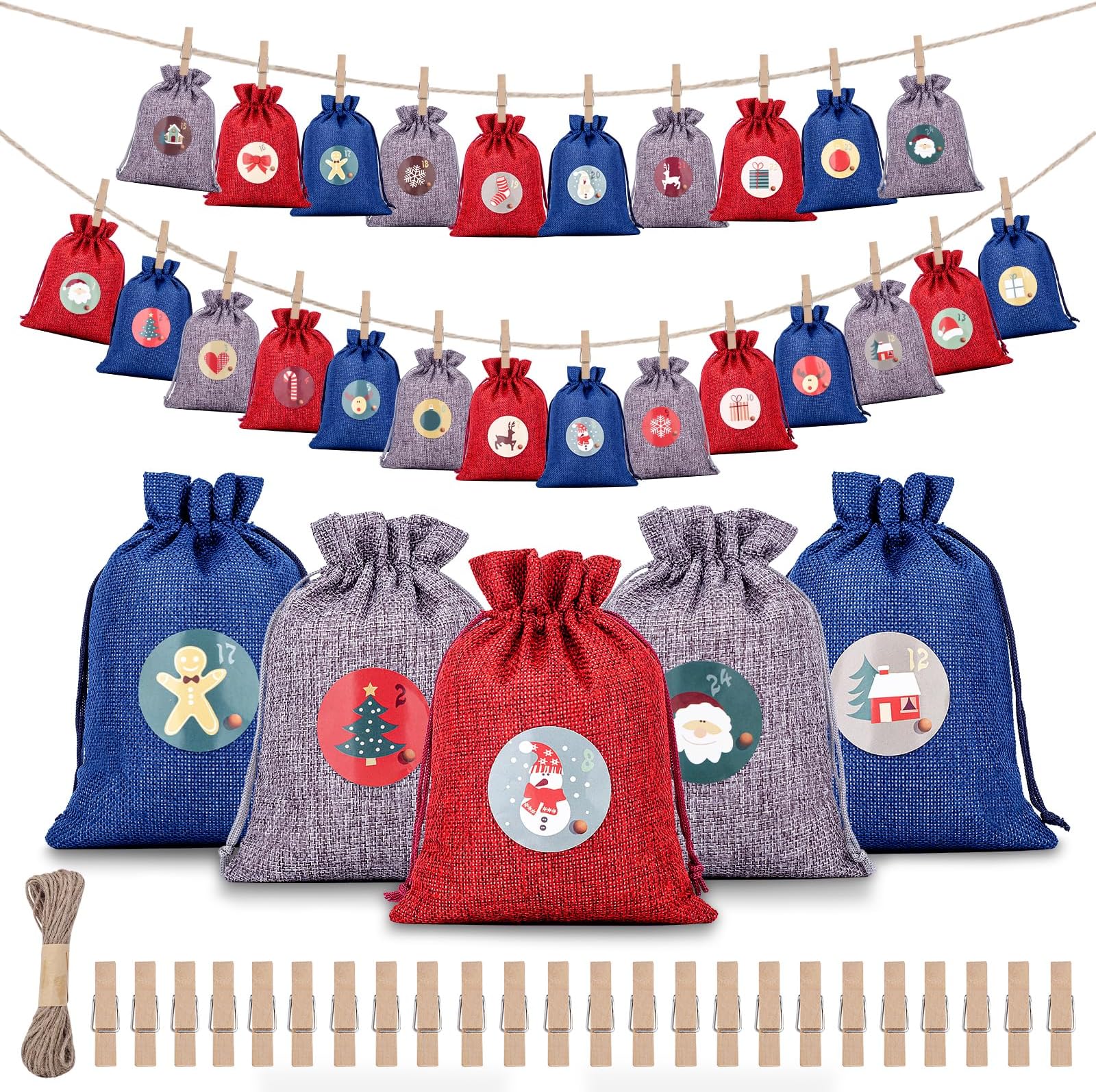 Calendrier De L'Avent Vide à Remplir Soi-même - 24 Pochettes En Tissu 18x13 Cm, Réutilisable - Déco Noël DIY