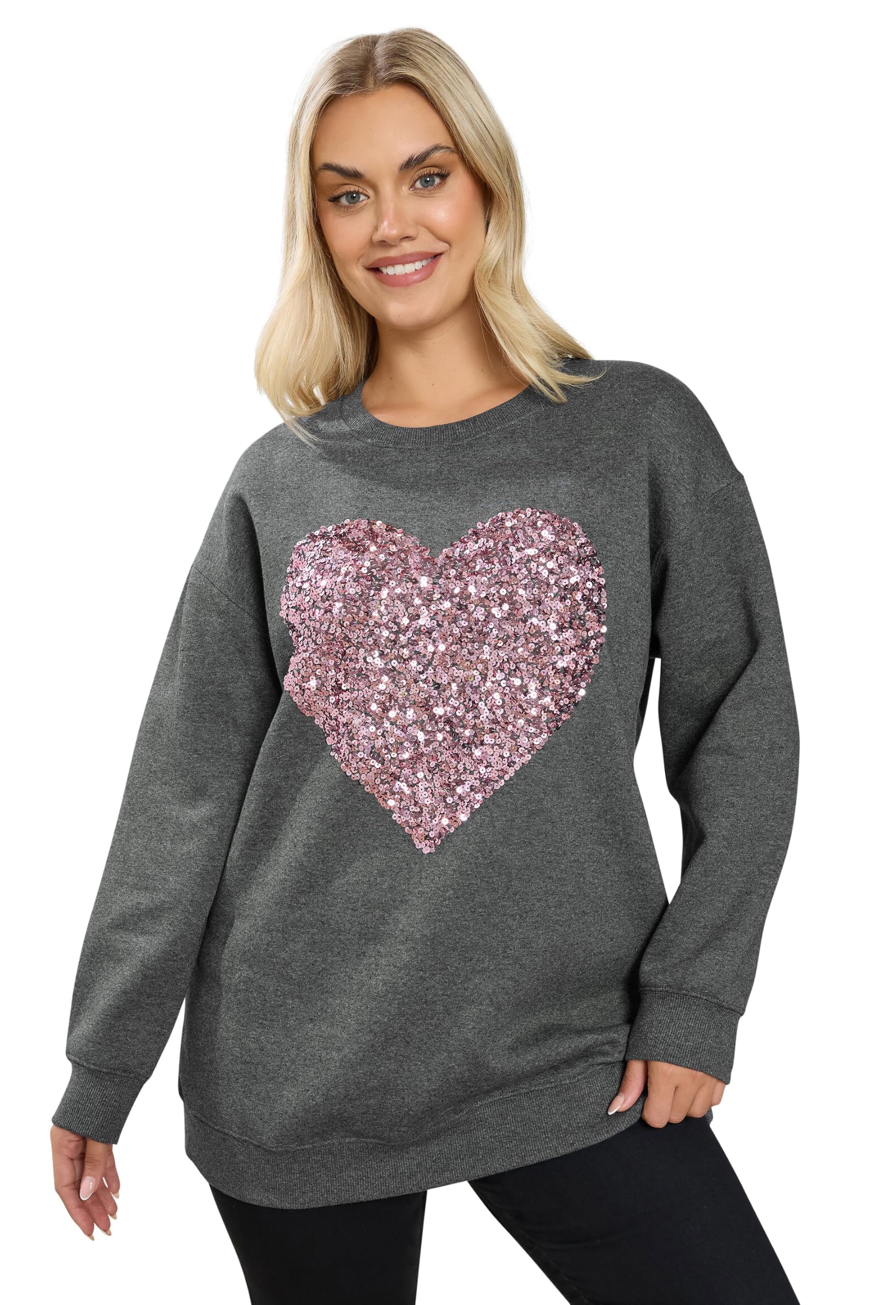 Yours Women's Grey Sequin Embellished Heart Sweatshirt In | Size: 26-28