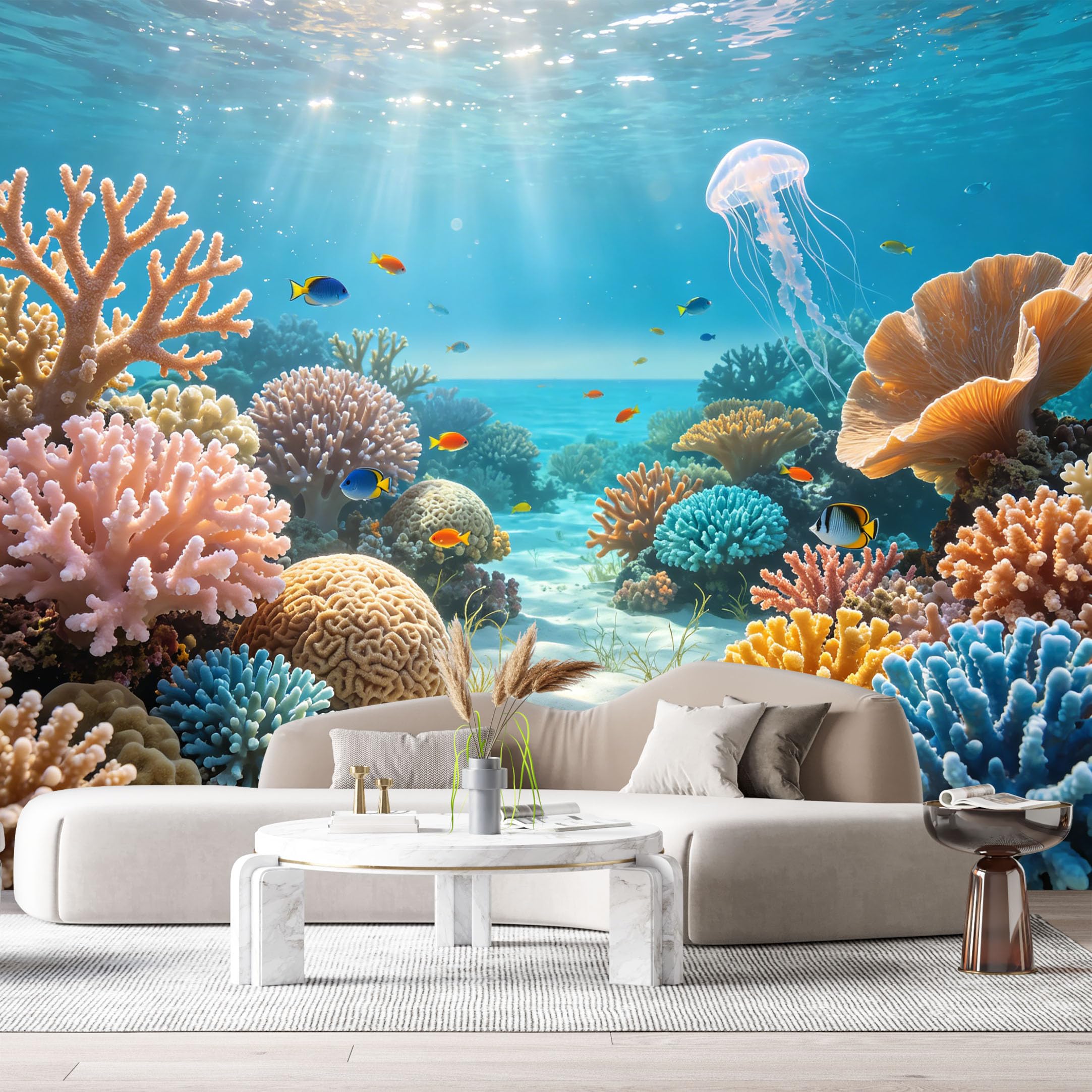 Custom Size Wall Murals Ocean Marine Coral Reef Tropical Fish Jellyfish Underwater Scene SelfAdhesive Wall Fabric Removable Large Wallpaper for Photo Living Room