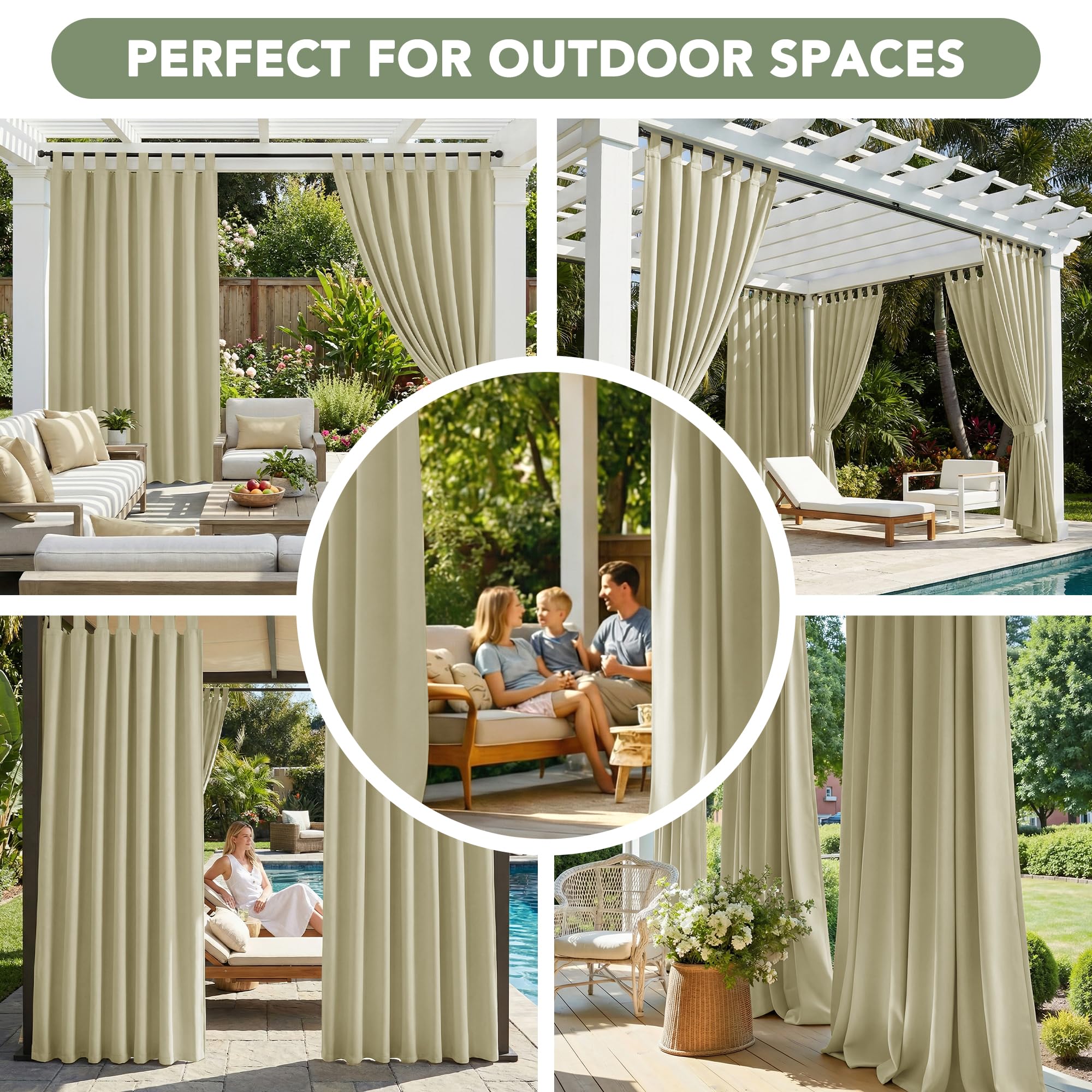 Deconovo Cortinas Exterior para Terraza Jardín o Balcón, Opacas y Repelentes al Agua con Trabillas, Protección Solar y Aislamiento Térmico, Set de 2 Paneles 132x270 cm Beige Oscuro
