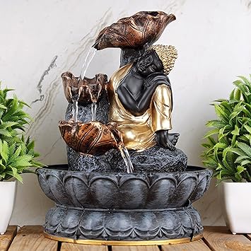 Global Grabbers Polyresin Table Top Indoor Outdoor Water Fall Fountain with LED Lights Home Decor Decoration Gift Gifting Items-GOL_GRY-SF12-(1)