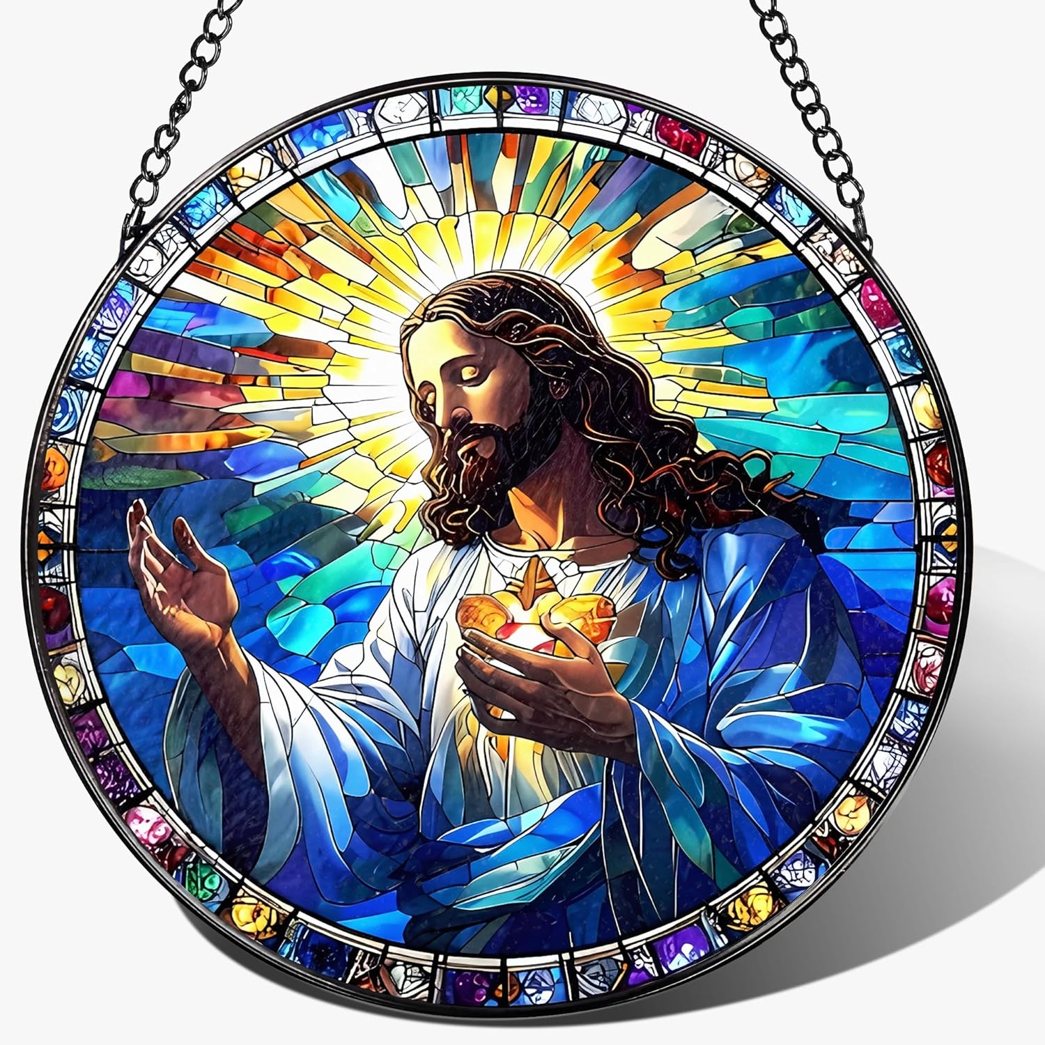 LAOWEIKI 8'' Jesus Christ Suncatcher Ornament, Stained Glass Window Hanging, Christian Home Decor, Religious Decor, Gifts for Christian, Gifts for Christmas, Religious Gift