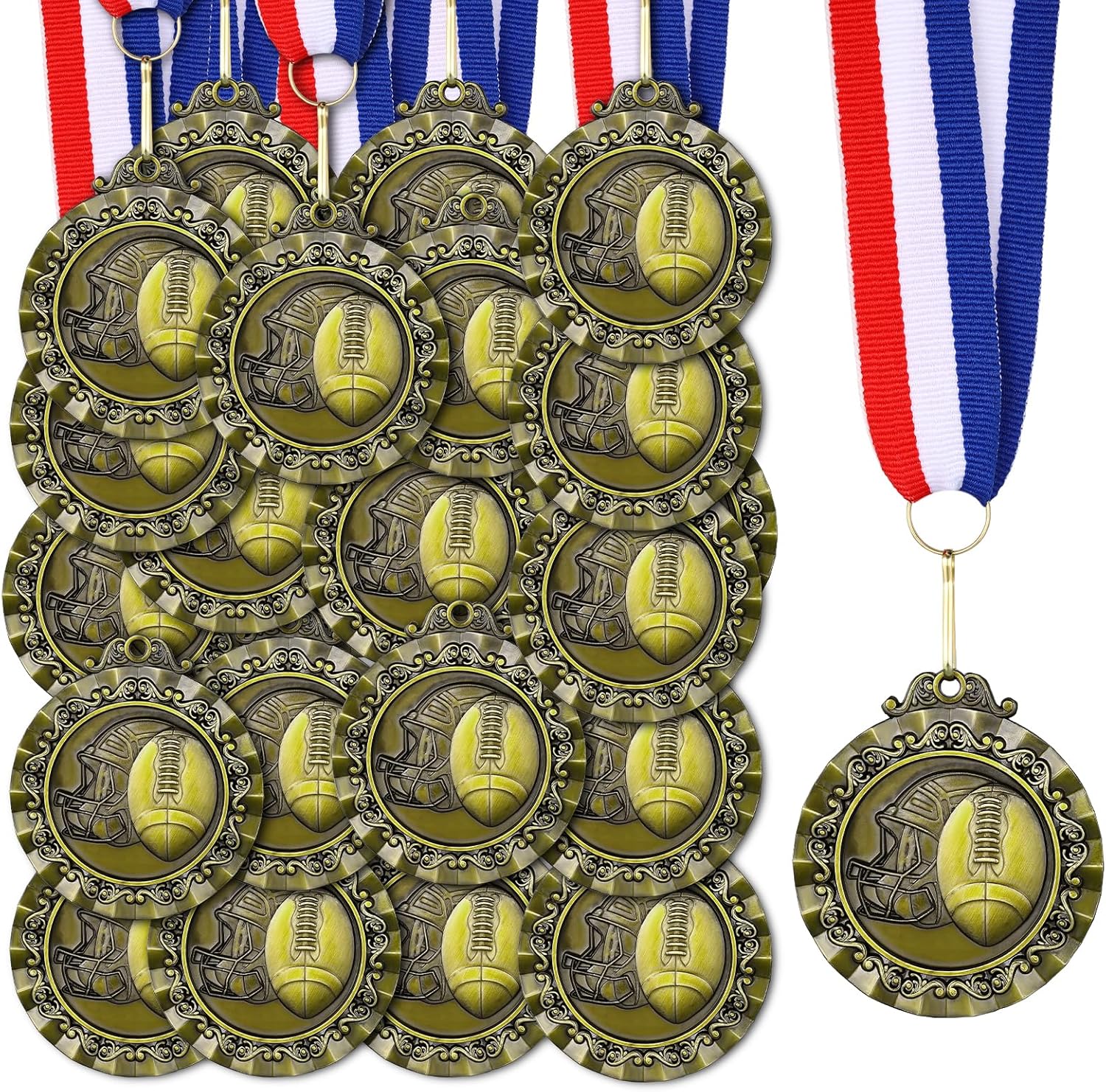 Misdary 36 Pcs Award Medals for Kids 2'' Gold Sports Awards Soccer Basketball Football Baseball Medals Trophy with Red White Blue Stripes Ribbon for Kids Sports Party Winner Gifts(Football)