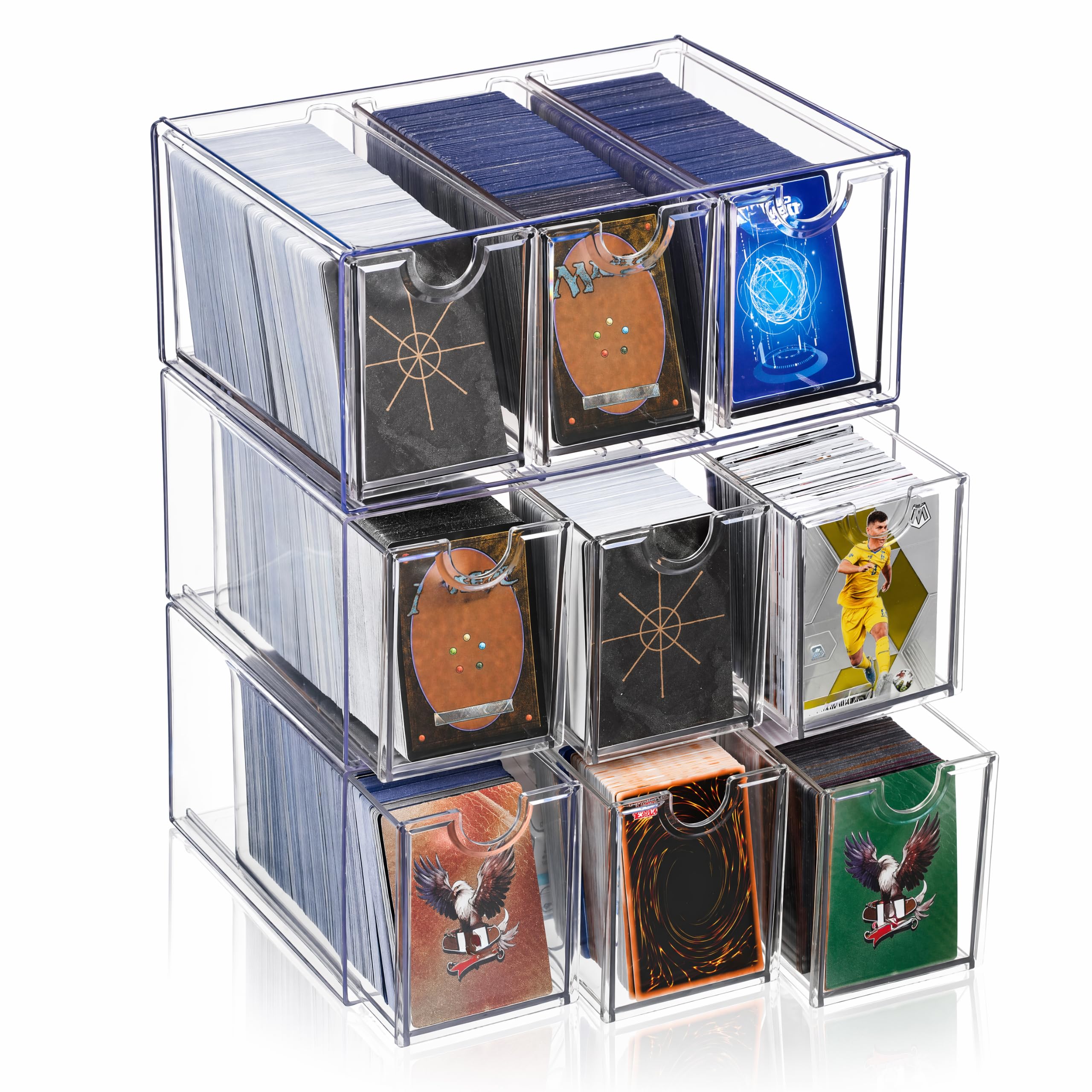 OwnMy 3 Plastic Trading Card Storage Box, Clear Stackable Card Organizers Storage Boxes with 9 Drawers, 3000+ Baseball Sports TCG MTG PTCG Card Deck Boxes