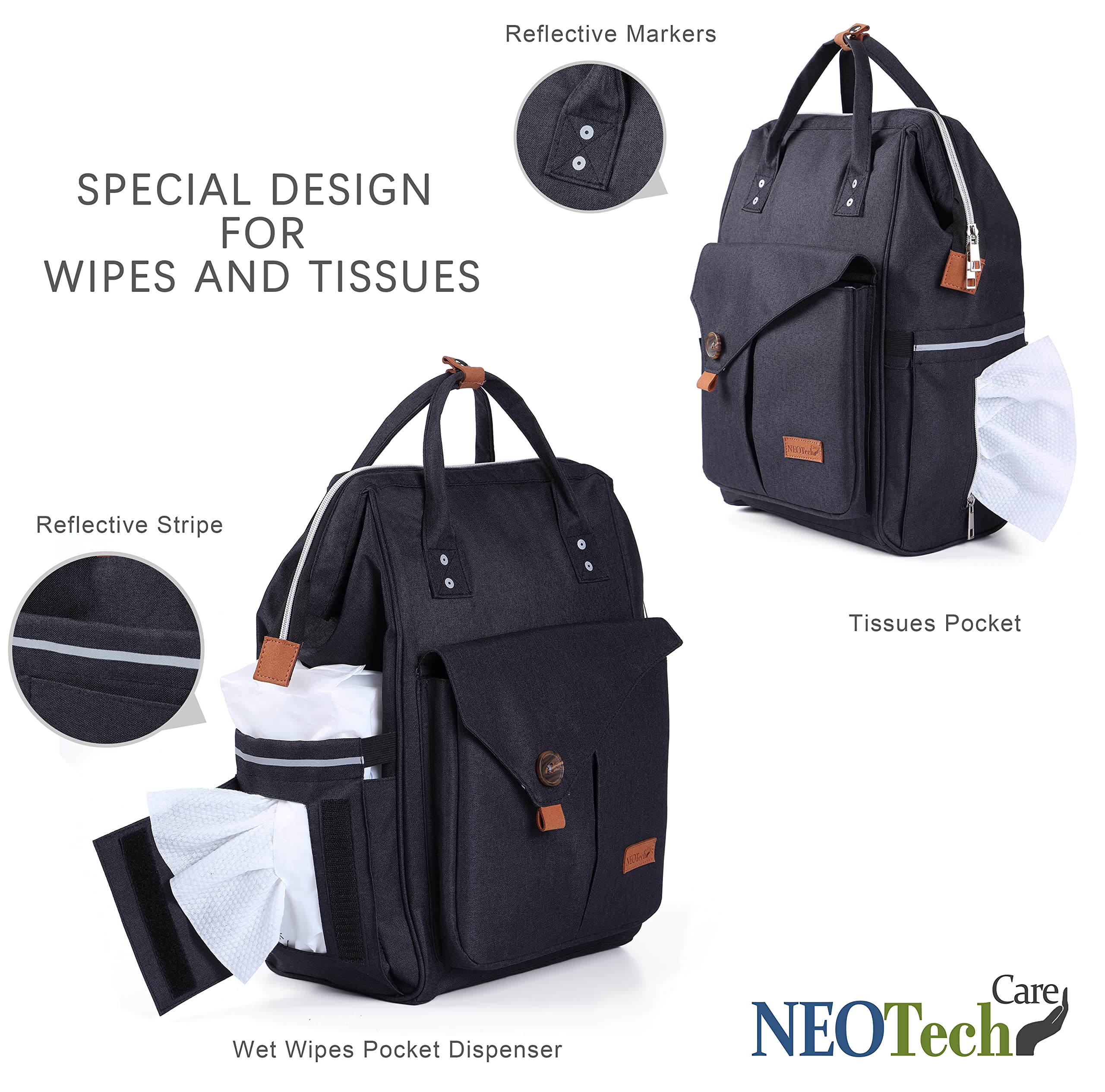 NEOtech Care Sac à dos à langer pour bébé garçon ou fille, avec sangles à poussette/Organisateur couches, biberons et accessoires nouveau-né (Noir)