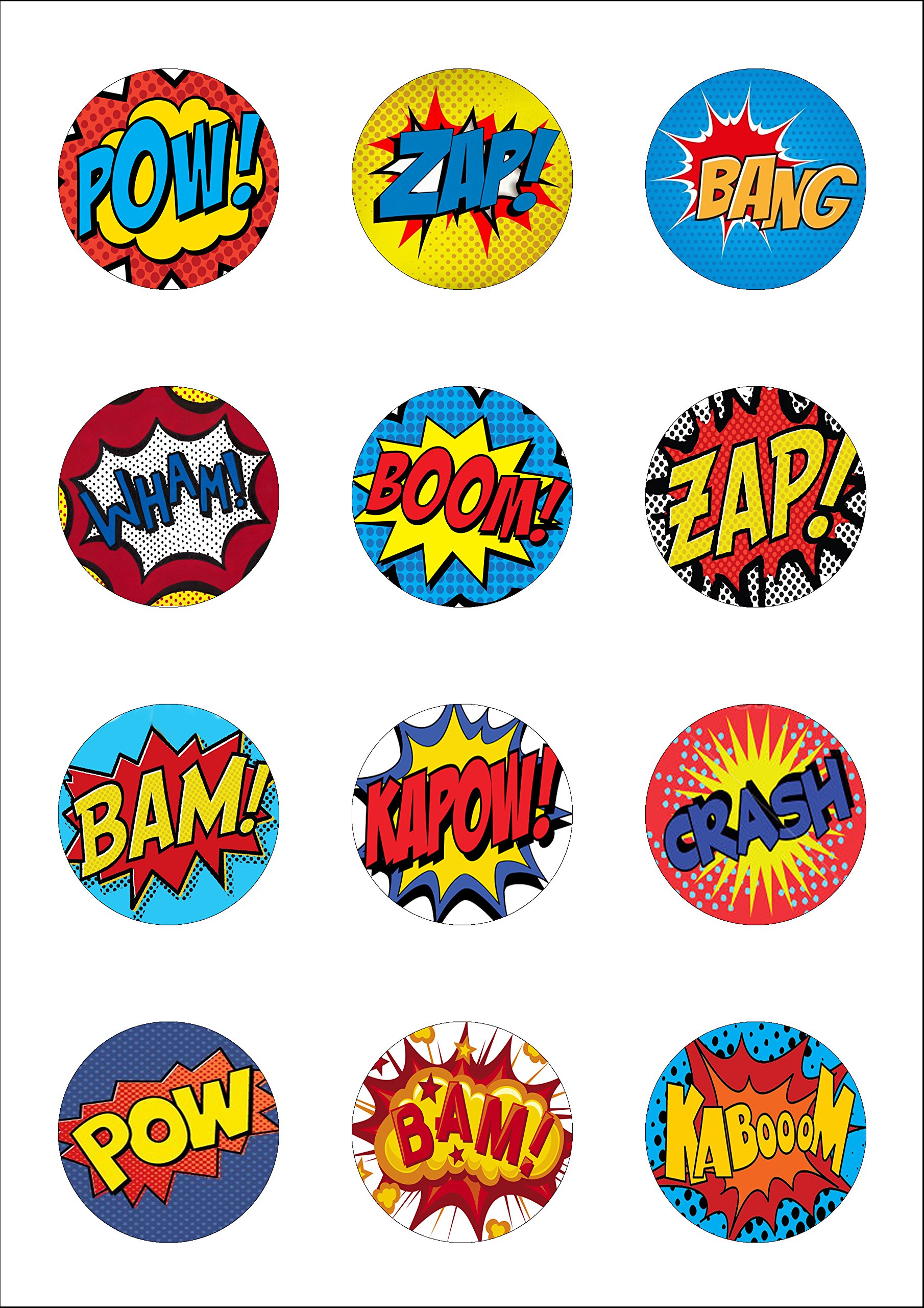 Top That 12 Large 50Mm Circle Pow Zap Comic Book Style Retro Edible Wafer Paper Cake Toppers Decorations