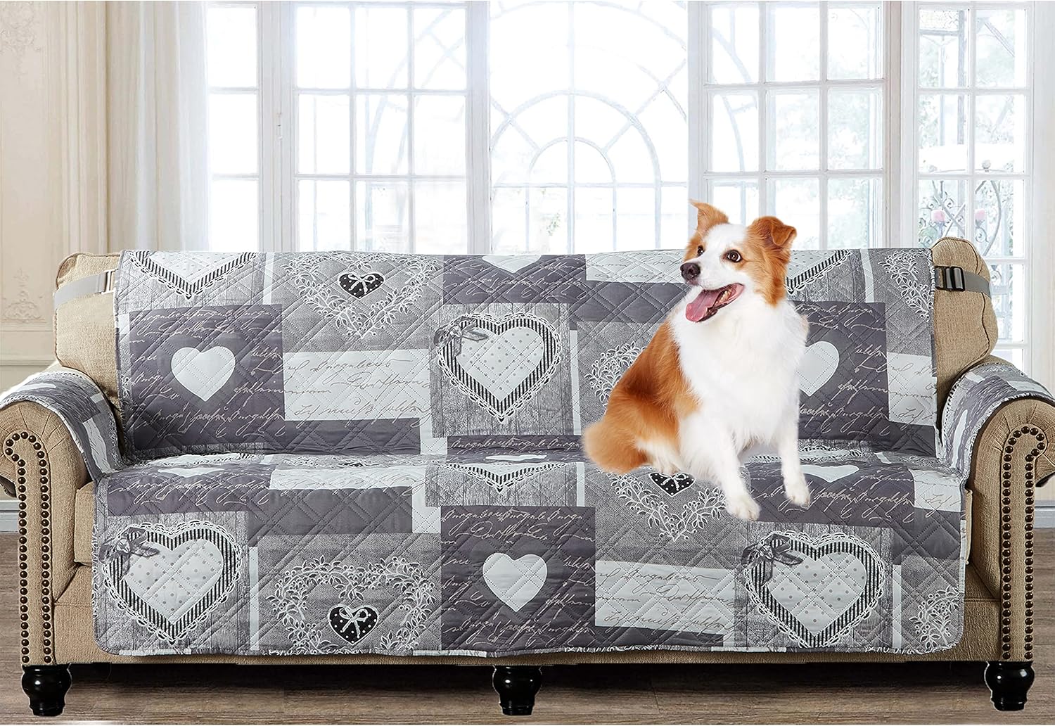 Grey Heart Love Patchwork Couch Cover, Quilted X-Large Sofa Slipcover, 78" Seat Width, Slip Resistant Furniture Protector, 2" Strap, Washable Couch Cover for Pets, Kids, Dogs, Grey 78" Couch Sofa Oversized Grey
