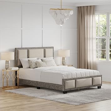 Boyd Sleep Bavaria Platform Bed Frame with Fabric Upholstered Headboard and Wooden Slats Supports; Box Spring NOT Required, Velour, Silver/Black, Queen