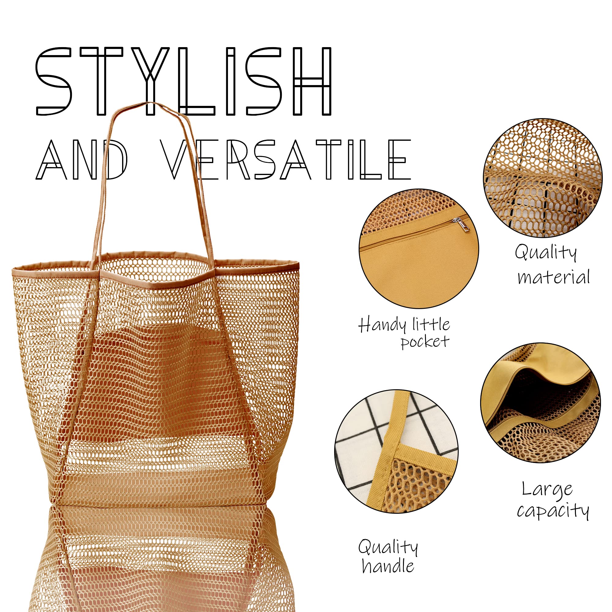 Jereture Mesh Beach Tote Womens Shoulder Handbag, Women Foldable MAX 23L Casual Tote Bag Hobo Bag For Beach Picnic Vacation (Khaki)