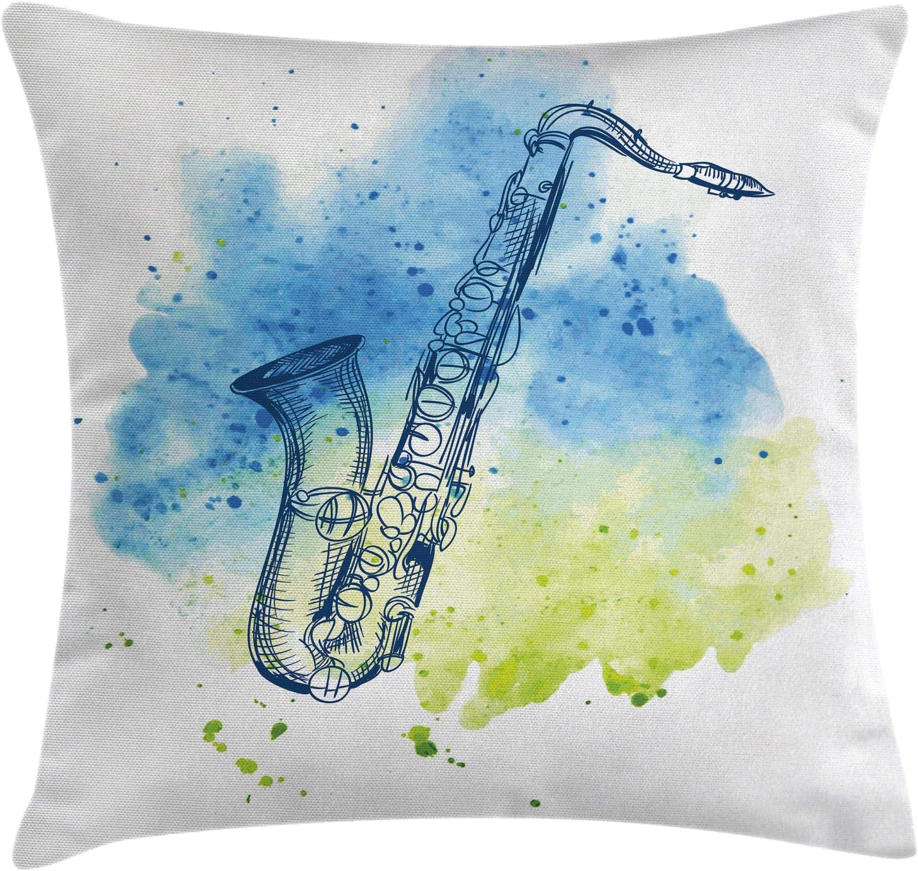 Ambesonne Music Throw Pillow Cushion Cover, A Watercolor Sketch of Style an Image of Saxophone Instrument Illustration of Retro Design Art, Decorative Square Accent Pillow Case, 16" X 16", White Green