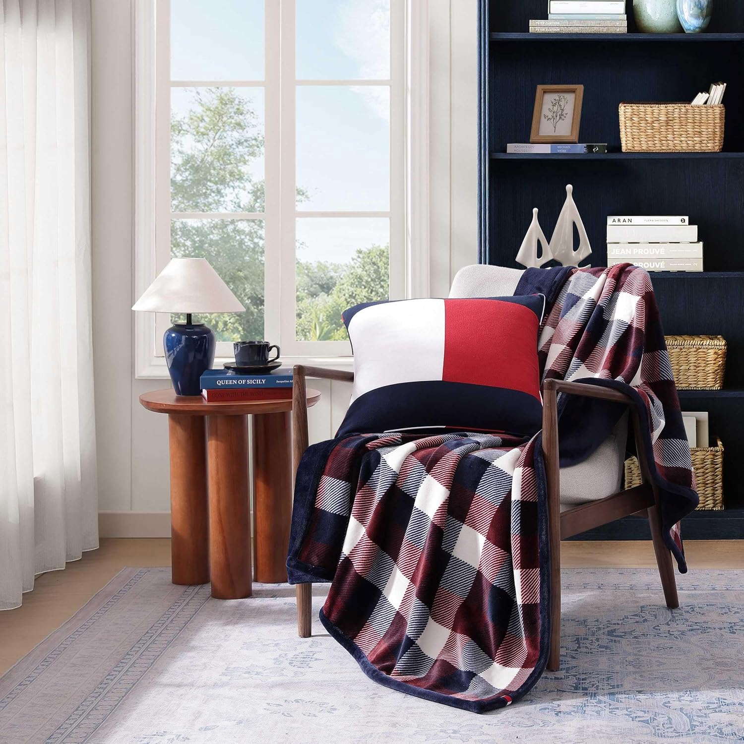 Tommy Hilfiger - Fleece Throw Blanket for Couch 50x70, Ultra Soft Reversible Plush Blanket, Americana Decor, Plaid Throw for Sofa, Bed, Living Room (Derby Red)