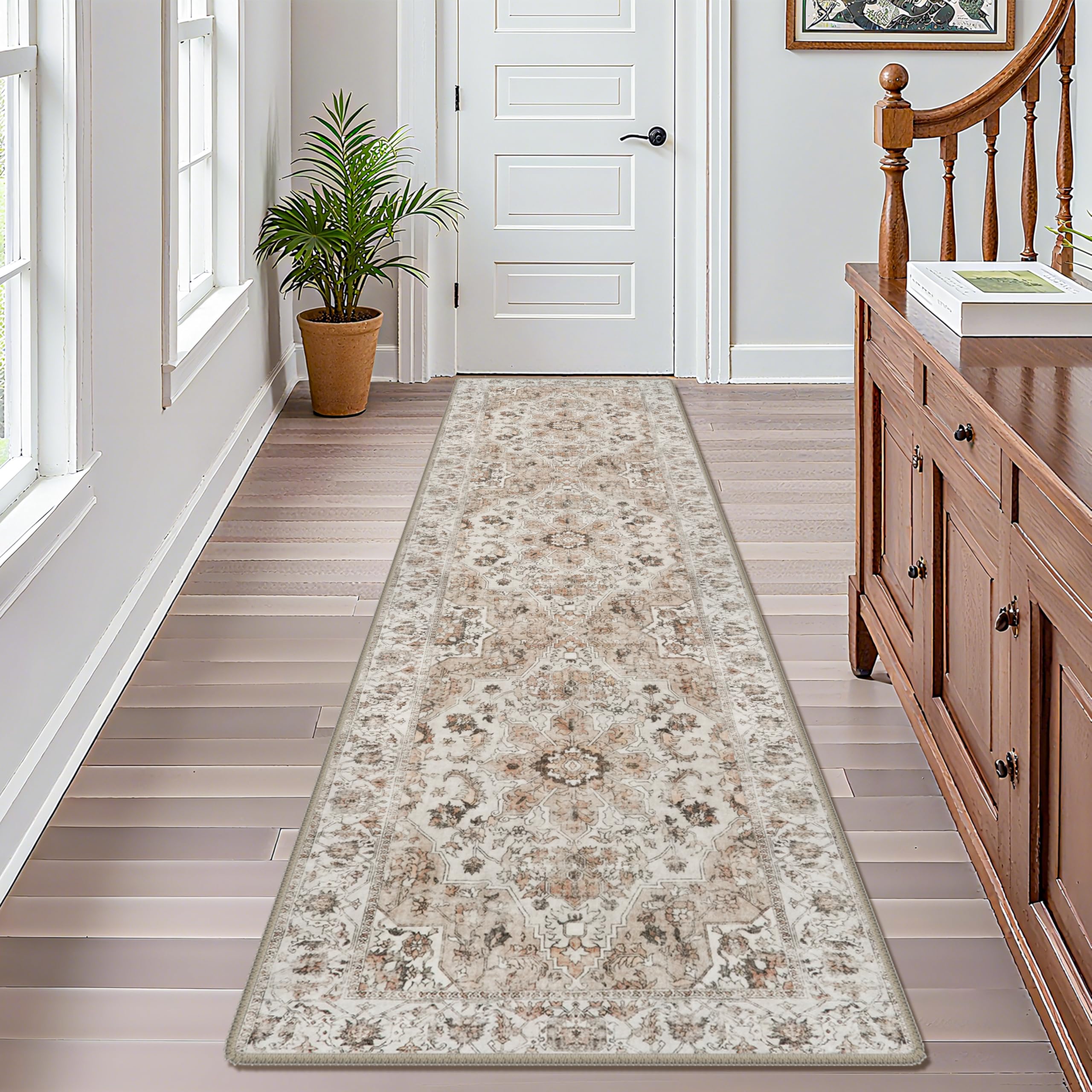 Washable Hallway Runner Rug 3x10: Non Slip Runner Rugs with Rubber Backing Soft Kitchen Rug Farmhouse Distressed Carpet Runner for Living Room Bedroom Bathroom (Beige, 3X10)