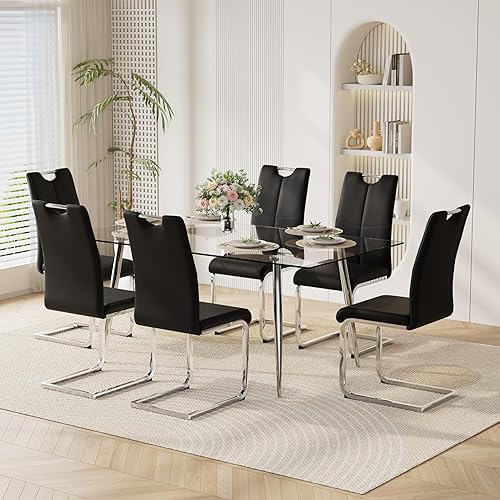 Miniatura 16 de Juego de mesa de comedor moderno de 51" de 7 piezas para 6, mesa rectangular de cristal con 6 sillas tapizadas en cuero, capacidad para 6 personas,