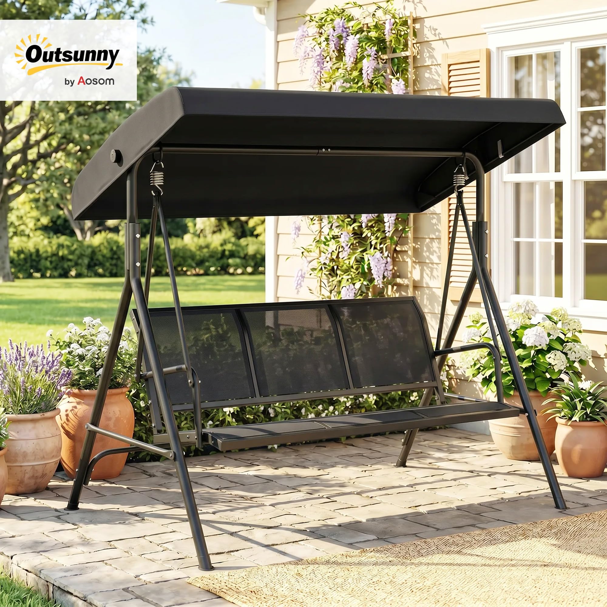 Outsunny Columpio de Jardín Exterior de 3 Plazas con Toldo Reclinable, Balancín de Jardín Exterior con Respaldo Transpirable y Marco de Acero, para Terraza Balcón, 175x118x159 cm, Negro