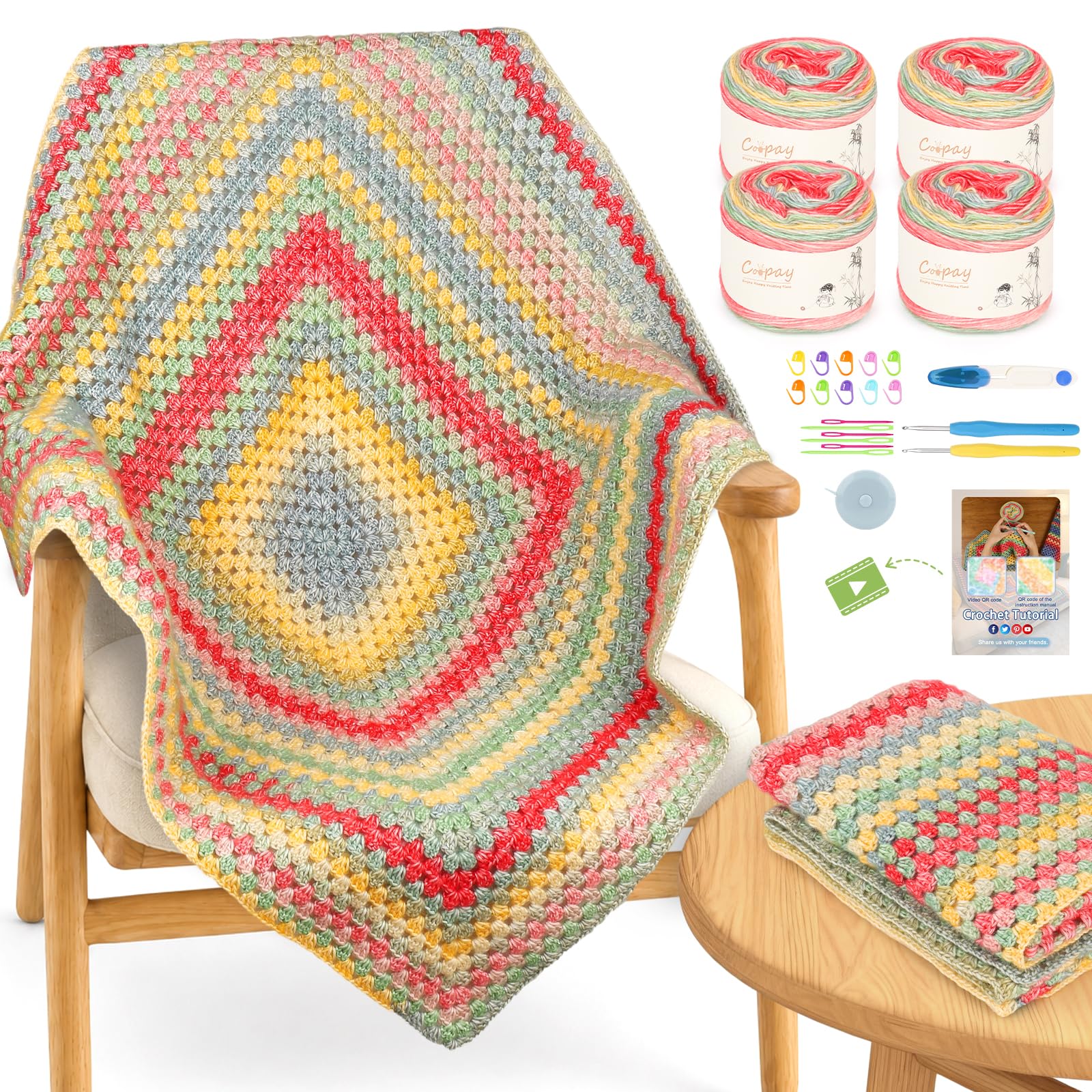 Coopay Kit de manta de ganchillo, kits de ganchillo para principiantes y adultos, kit de ganchillo cuadrado súper fácil con video paso a paso e hilo degradado, degradado de bosque