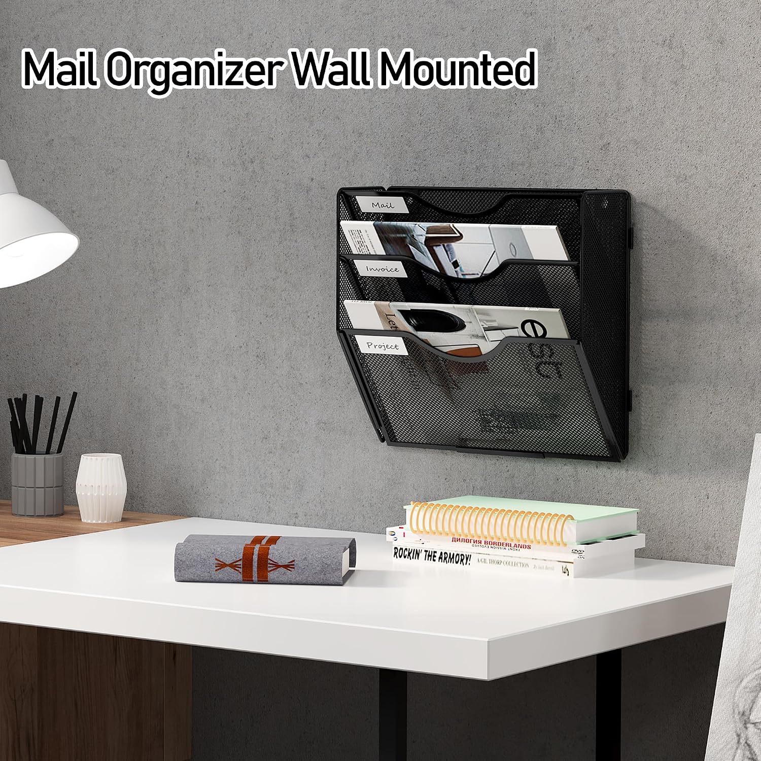 File Folder Organizer, 3-Tier Mesh Hanging Wall File Holder, Magazine Rack, Wall File Organizer With Pockets, Metal Document Organizer, Mail Organizer Wall Mounted for Office Home, Black