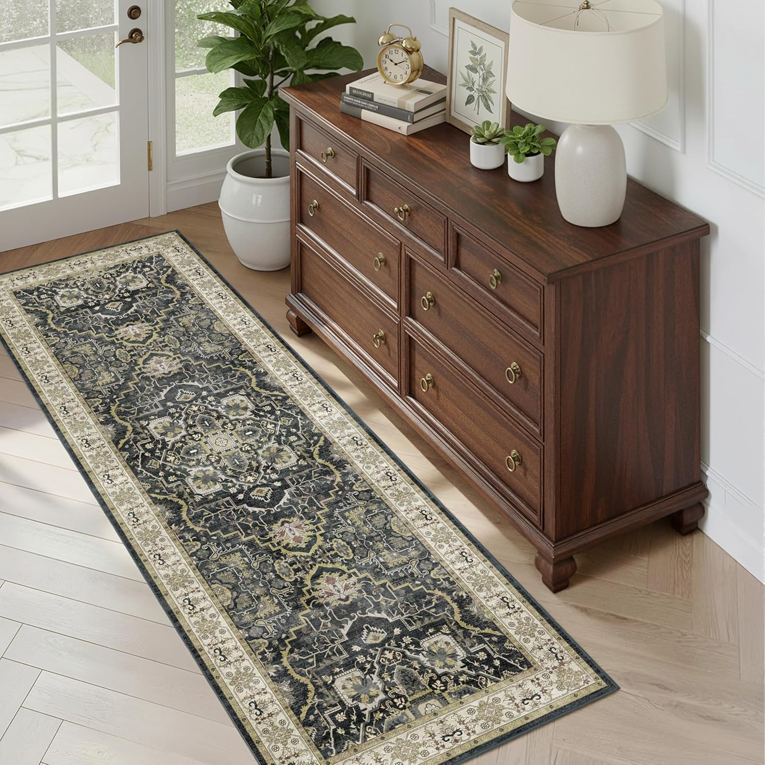 Washable Hallway Runner Rug - 2x6 Kitchen Rug Distressed Low Pile Mats Non Slip Soft Rugs for Dining Room with Rubber Backing Bedroom Runner with Vintage Design (Black 2x6) - Image 3