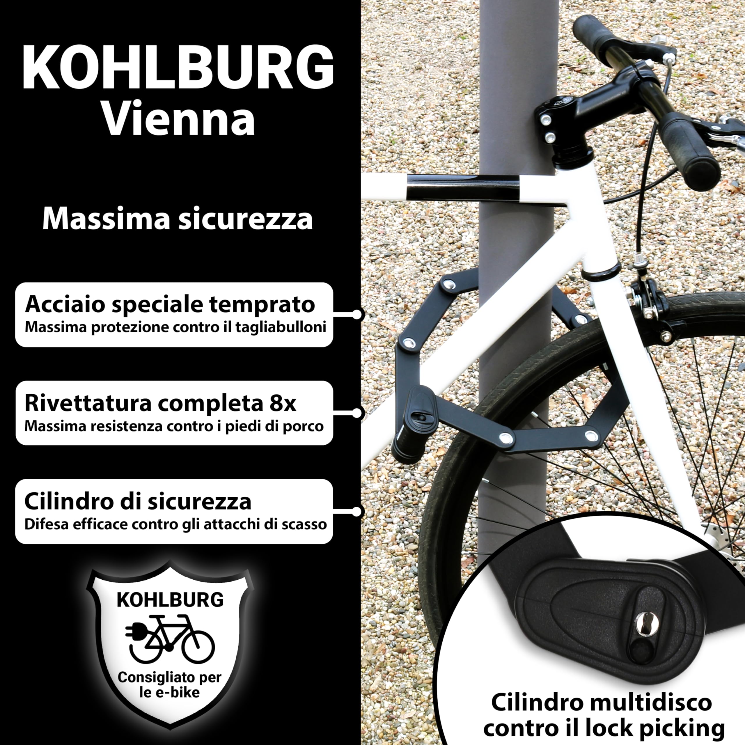 KOHLBURG Antifurto pieghevole per bici massima sicurezza a soli 1kg – 89cm – Antifurti per bici con supporto – molto sicuro come antifurto per monopattino elettrico & antifurti pieghevole per eBike