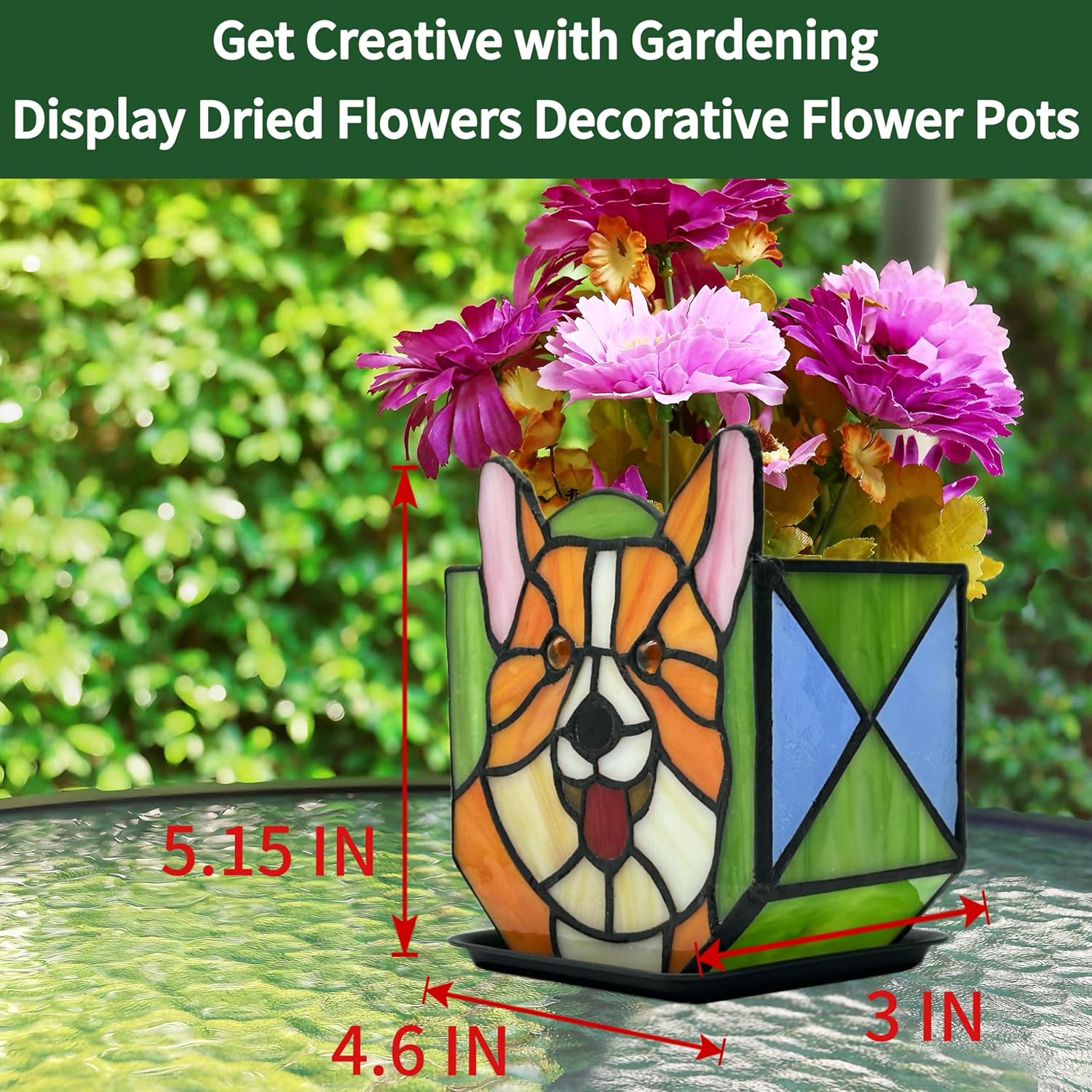 Corgi Planter - Cute Stained Glass Dog Flower Pots, Plant Pot with Drainage, Succulent Planters, Corgi Gifts, Christmas Decorations