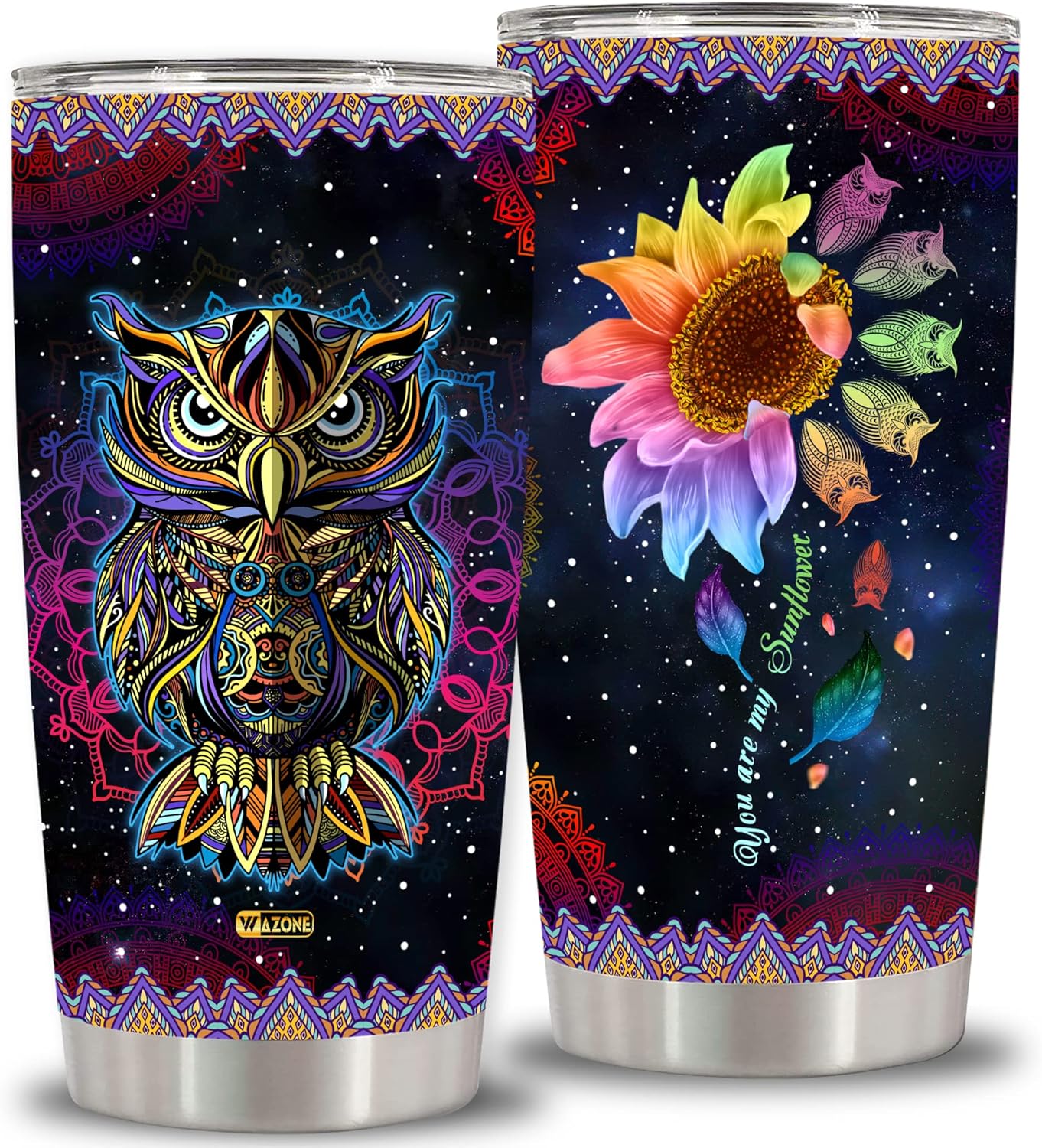 WAZONE Mandala Owl Sunflower Tumbler Cup 20oz Double Walled Vacuum Insulated Stainless Steel Travel Mug Gift Birthday Christmas Mothers Day For Owls Lovers Girl Keep Cold Hot Drinks