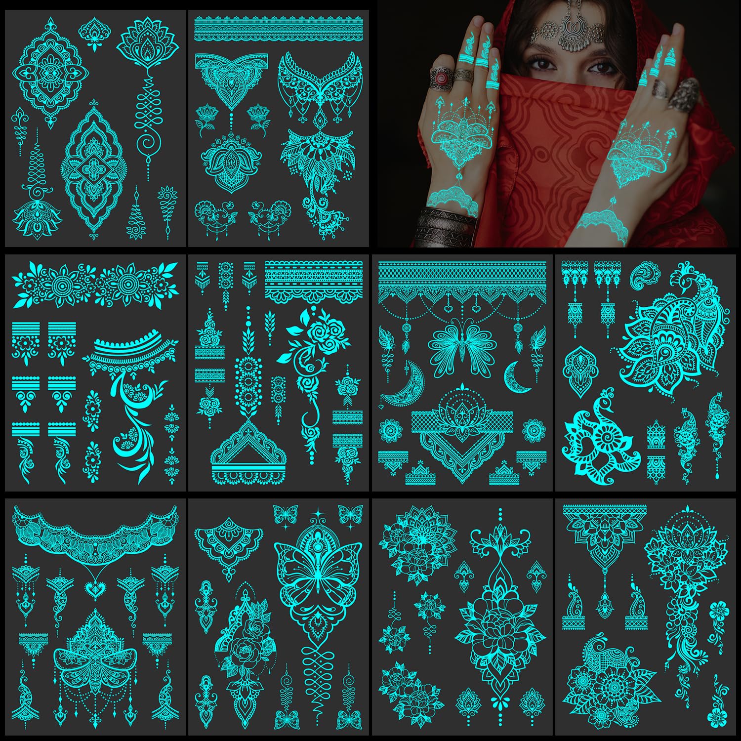 DPKOW Blue Luminous Temporary Tattoo, 10pcs Glow-in-the-Dark Mandala Flower Lace Stickers for Women and Girls' Hand, Arm