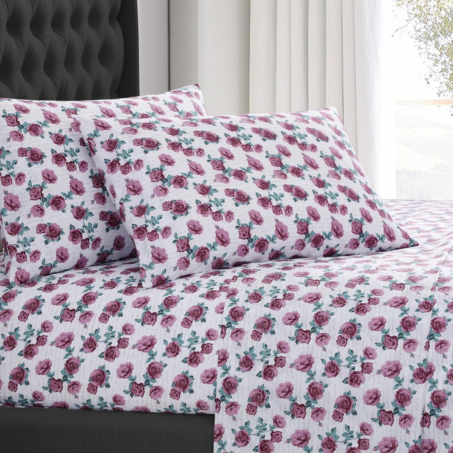 ELLE Decor Printed 4-Piece Microfiber Bed Sheet Set, 12-inch Deep Pocket, King, Poetic Rose