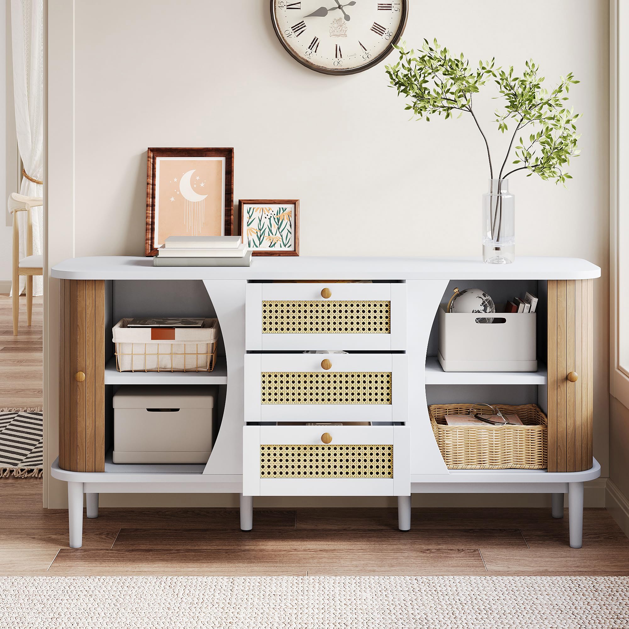 Cassettiera in rattan bianco, stile boho, 140,5 cm, con cassetti in rattan, design arrotondato, per soggiorno, sala da pranzo, corridoio