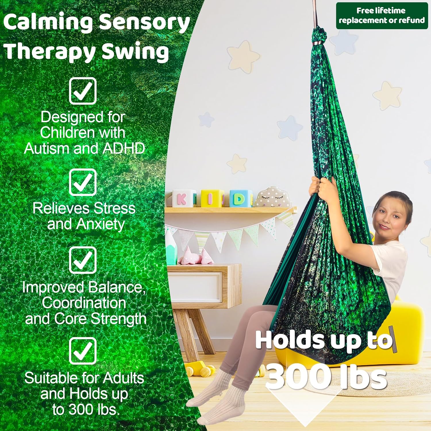 Sensory Swing for Kids & Adults Holds 300lbs Indoor/Outdoor Therapy Cuddle Swing with 360° Swivel Hanger Kit (Crystal Green) - Image 2
