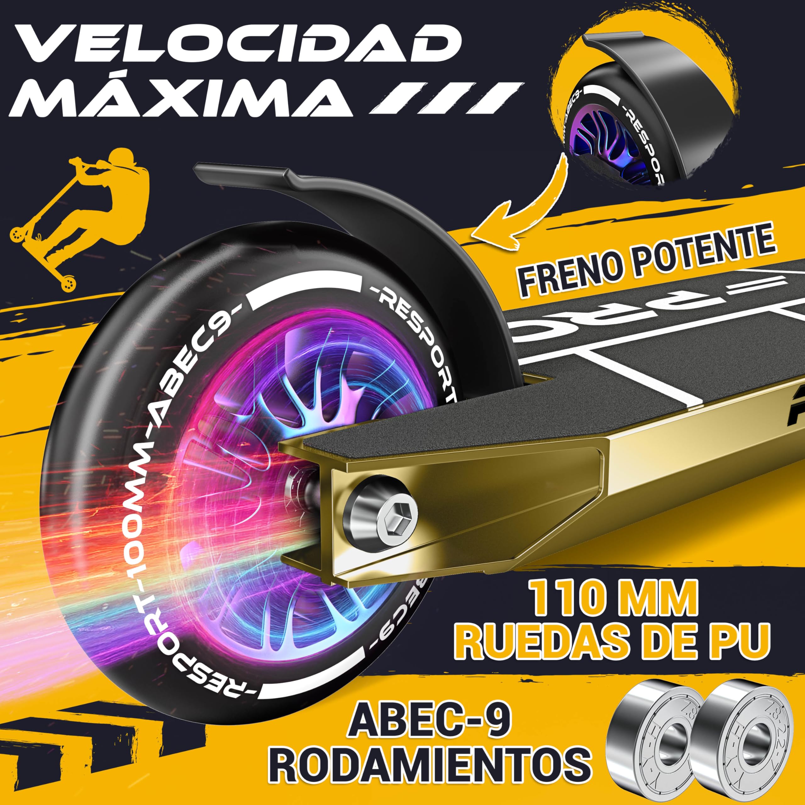 RE:SPORT Patinete de acrobacias Revo Pro para niños y adultos con soporte, patinete profesional de 110 mm, ruedas de poliuretano y barra en Y, patinete de acrobacias, patinete ABEC 9, rodamientos de — view 5