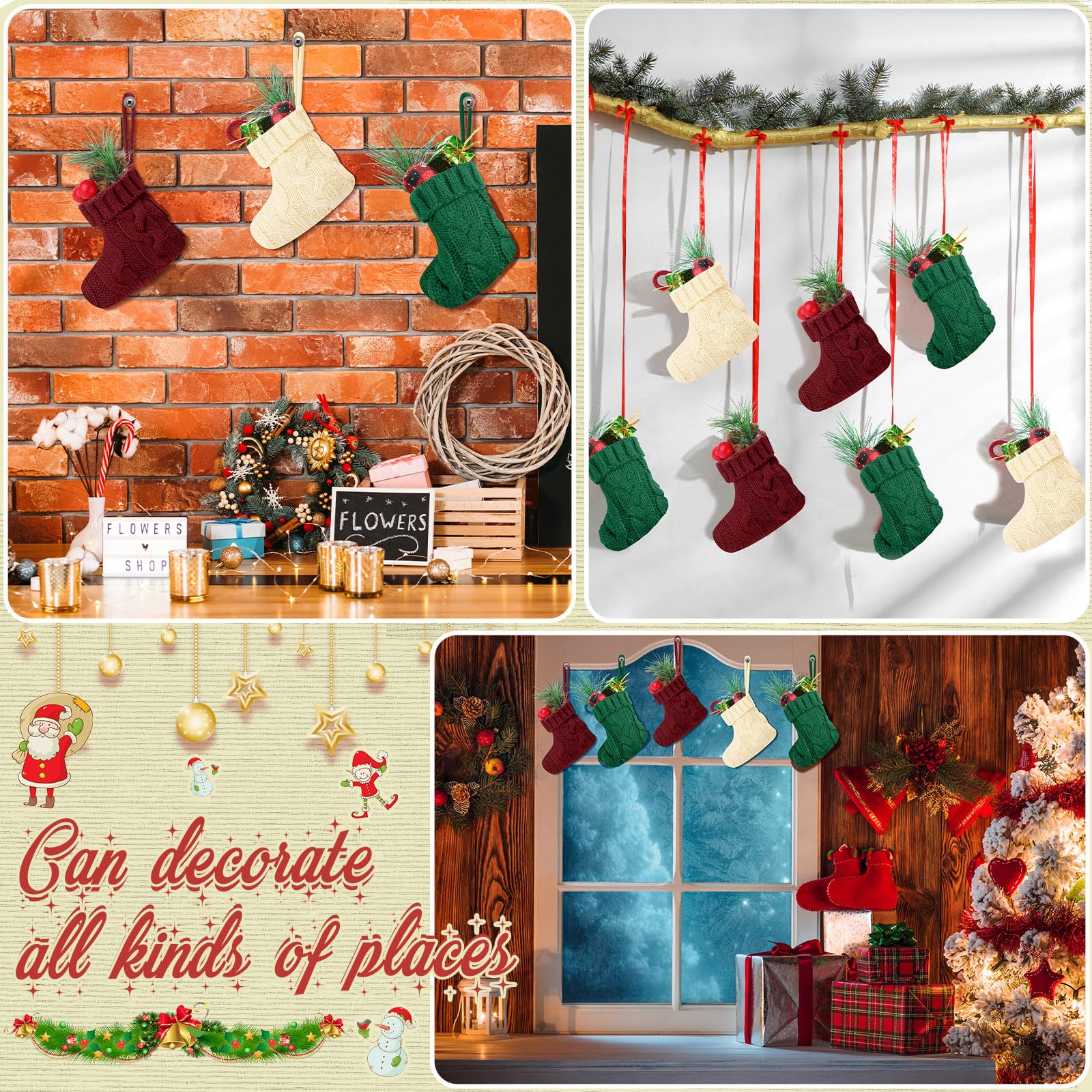 Lot de 60 mini chaussettes de Noël en tricot rustiques à suspendre pour fête, vacances, décoration d'intérieur, 10 cm, 3 couleurs