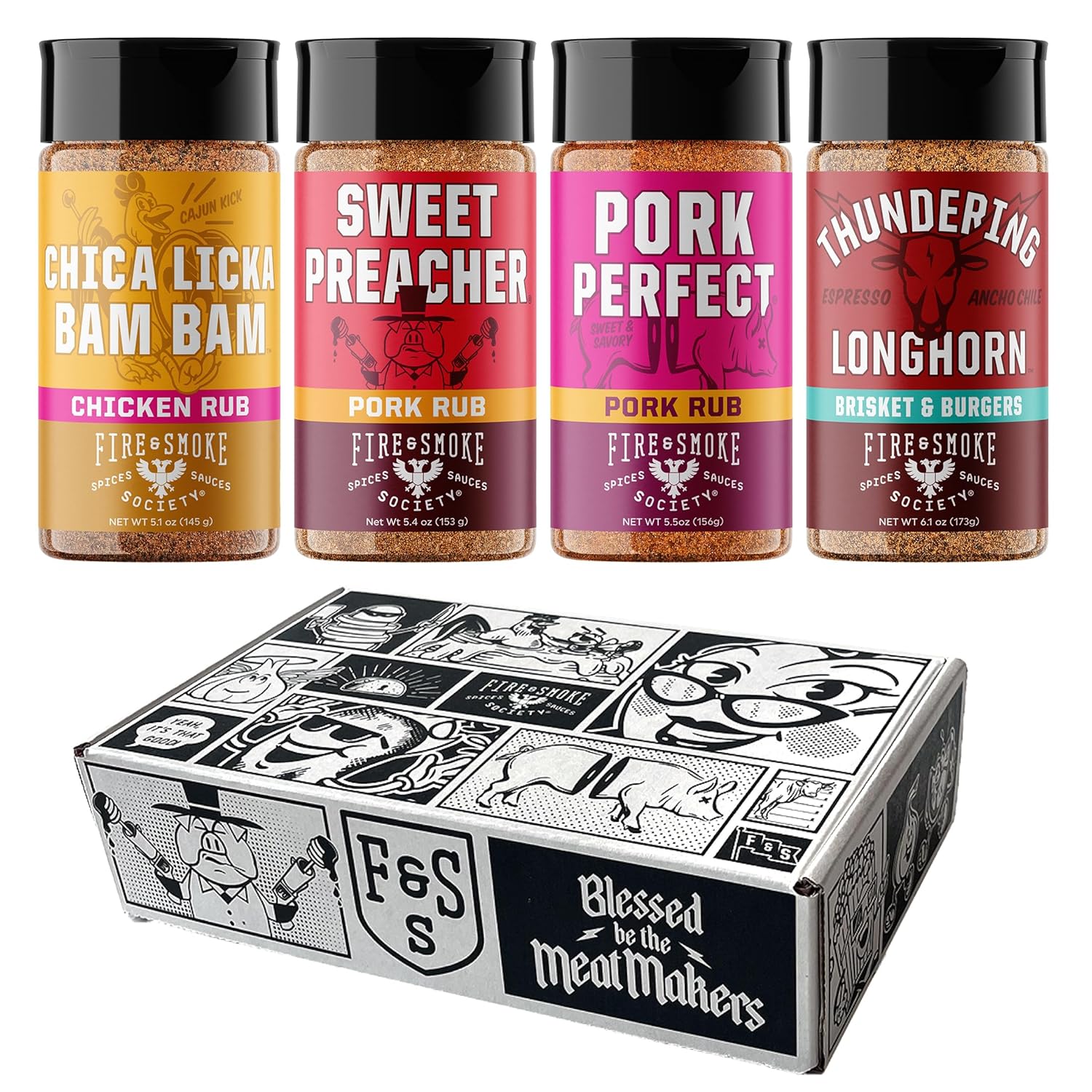 Fire & Smoke Society Flavor Core Variety Pack | BBQ Rubs and BBQ Seasonings for Smoking and Grilling | Father's Day Gifts for Dad | Large Spices Set (4-Pack)