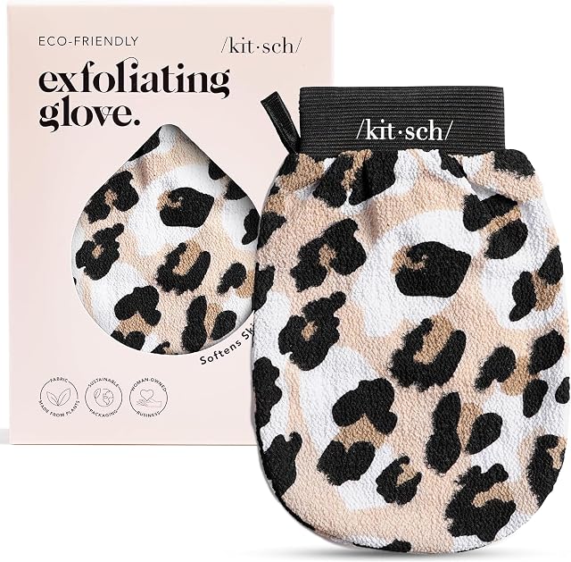 Kitsch Deep Exfoliating Glove, Eco Friendly Exfoliating Body Scrubber, Dead Skin Remover & Body Scrubber Exfoliator, Body Scrub Mitt for Skin Cell Renewal, Body Exfoliating Gloves for Shower, Leopard