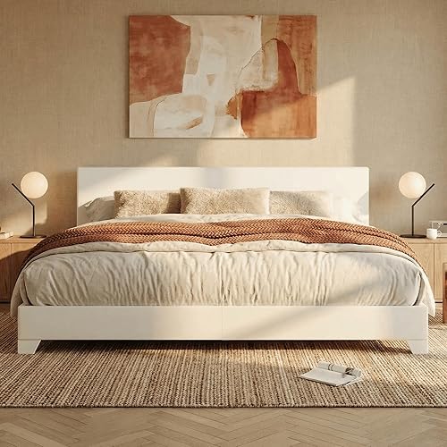 SHA CERLIN King Size Bed Frame with Adjustable Headboard, Faux Leather Upholstered Platform Bed with Wood Slats, Stable Mattress Foundation,No Box Spring Needed, Off-White