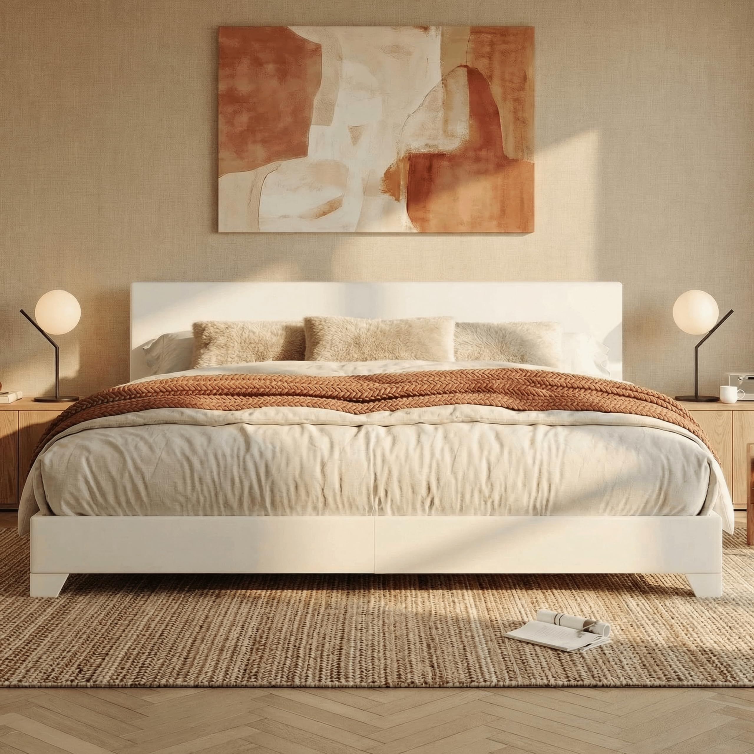 SHA CERLIN King Size Bed Frame with Adjustable Headboard, Faux Leather Upholstered Platform Bed with Wood Slats, Stable Mattress Foundation,No Box Spring Needed, Off-White