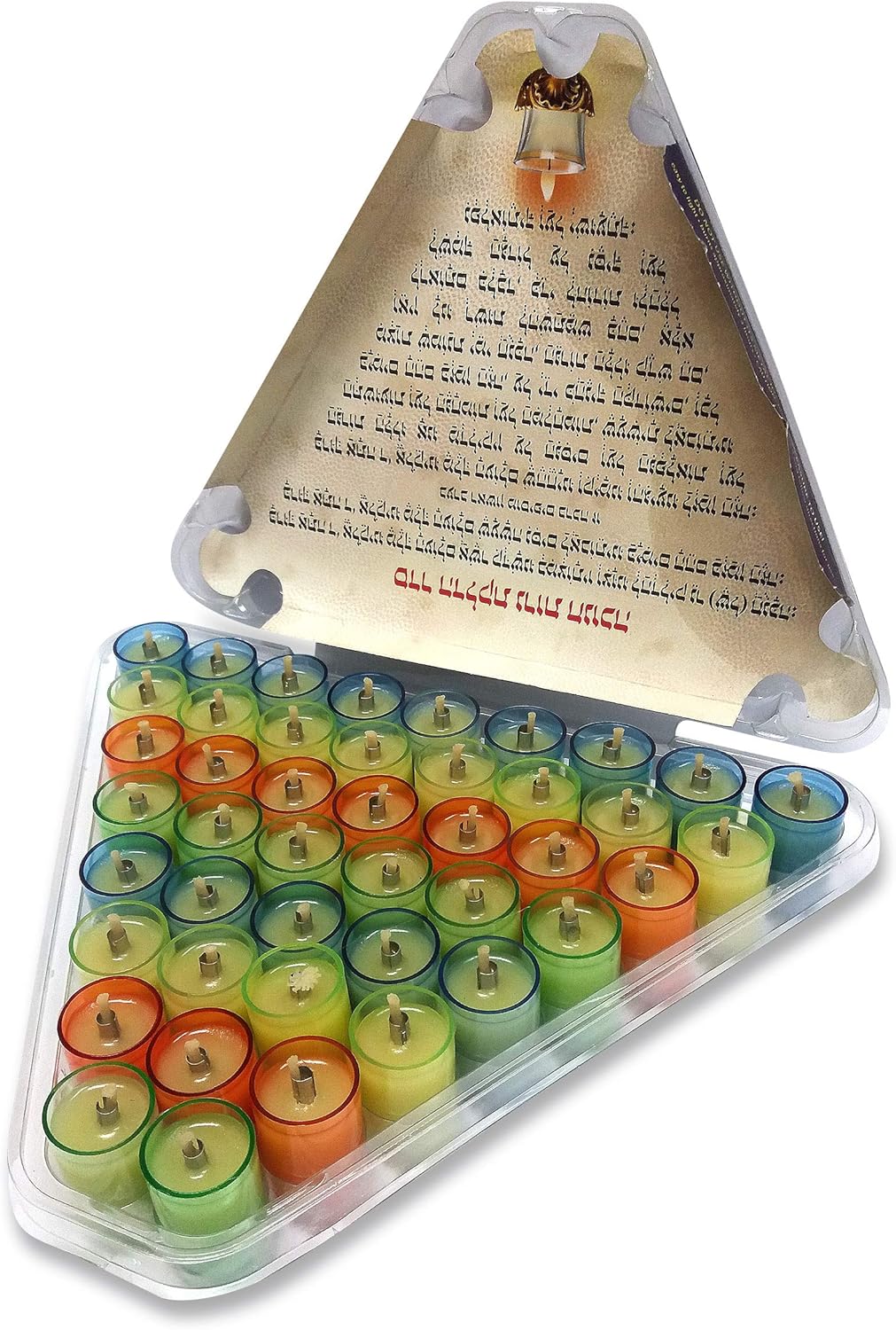 Shalhevet Amazing Safelites Pre-Filled Frozen (Jelled) Olive Oil - 44 Cups - Burns for 2 Hours-The Easiest Way to Light an Oil Chanukah Menorah! (Colourful)