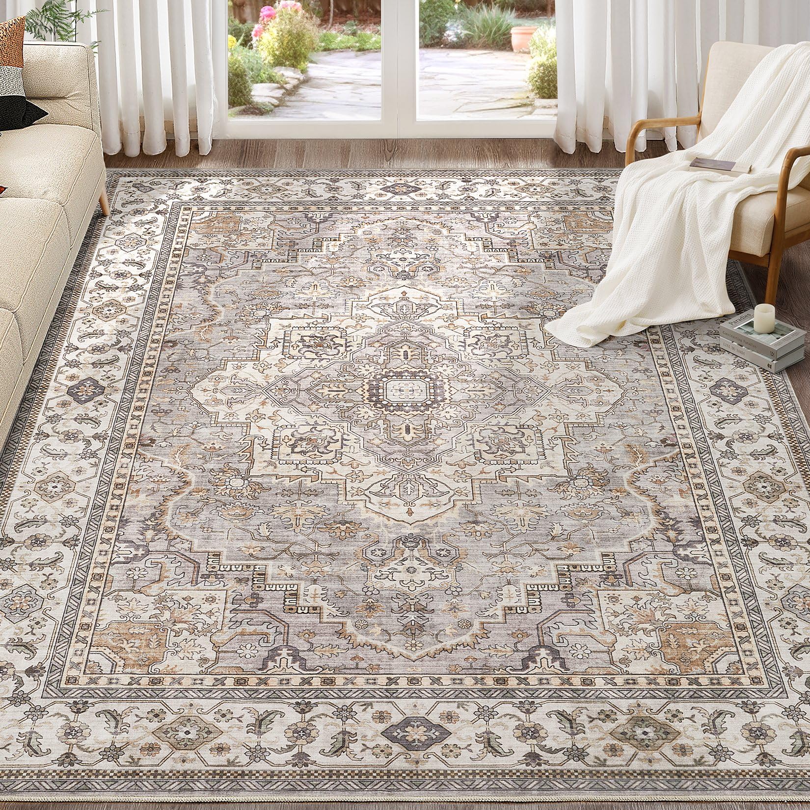 EIEIHOUSE Washable Area Rugs for Living Room - 7x9 Neutral Vintage Distressed Floral Farmhouse Boho Large Soft Floor Rug Indoor Non Slip Carpet for