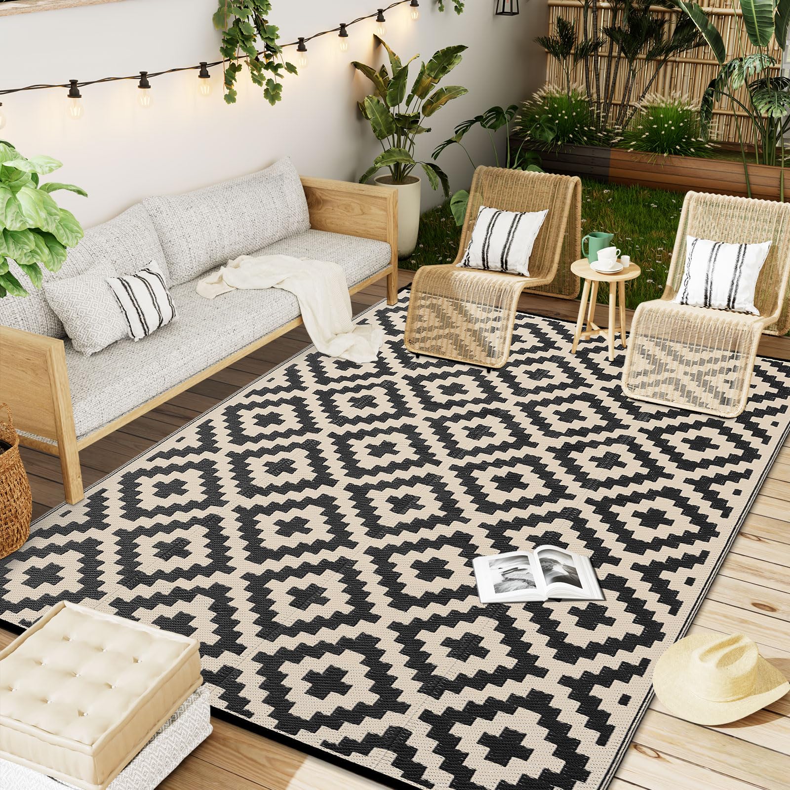 OLANLY Waterproof Outdoor Rug 6x9 ft, Outdoor Plastic Straw Rug for Camping, RV Mat Outside, Outdoor Carpet for Porch, Deck, Backyard, Balcony, Picnic, Black & Beige