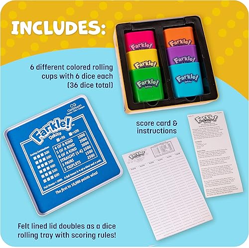 Miniatura 3 de El juego de dados Farkle Deluxe incluye 36 dados coloridos, 6 tazas rodantes, bandeja para rodar y hojas de puntuación. El clásico juego de dados