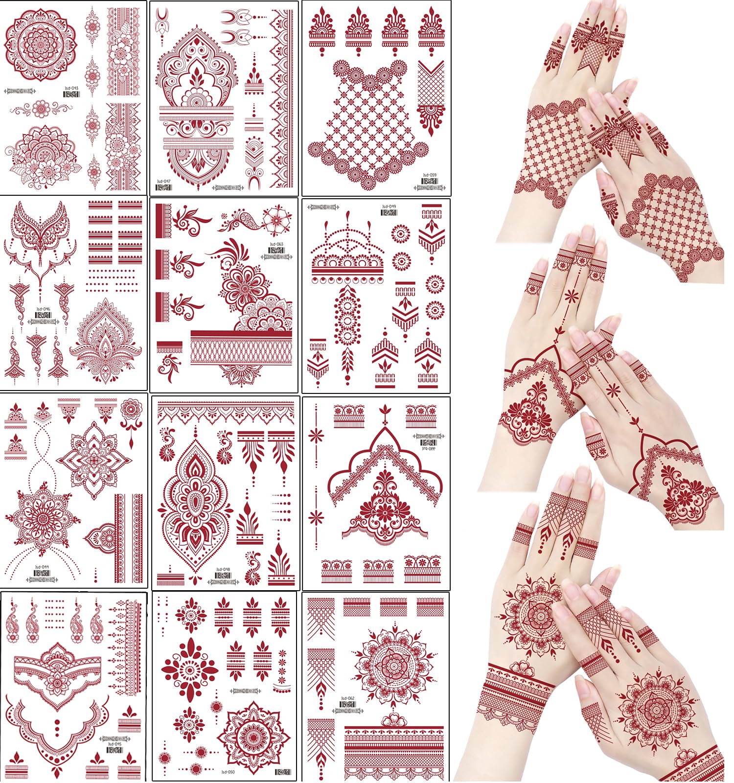 Proamate 12 PCS Temporary Tattoo Stickers, Waterproof Tattoo Stickers for Girls Women Wedding Party Art (Brick Red, 12PCS)