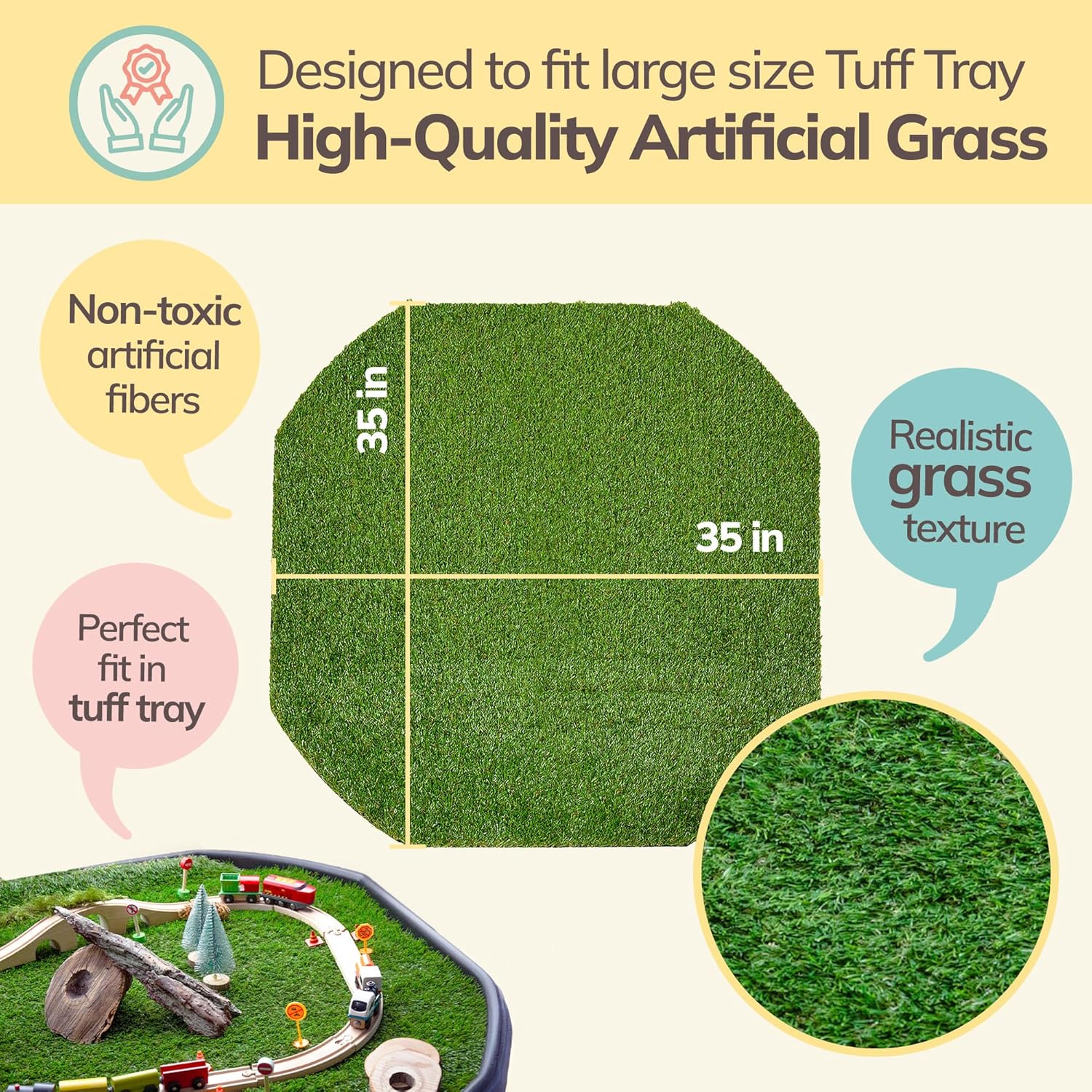 MEKA Large (38"x38") Tuff Tray Black with Artificial Grass Insert Play Mat Bundle, Activity Sensory Tray Plus Stand Children, Outdoor Play Sand and Water for Toddlers and Kids, Toy Boys Girls