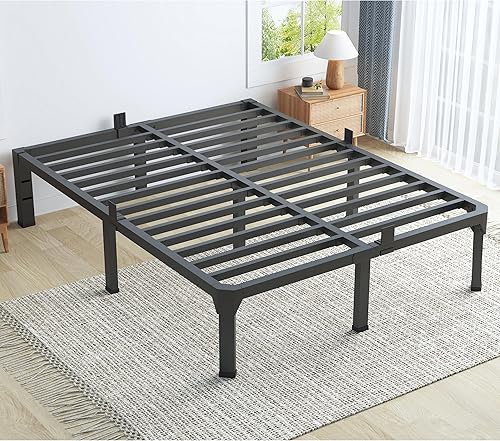Base de cama matrimonial con tapón deslizante para colchón, marco de cama de plataforma de metal de 14 pulgadas, marco de cama alto resistente, no