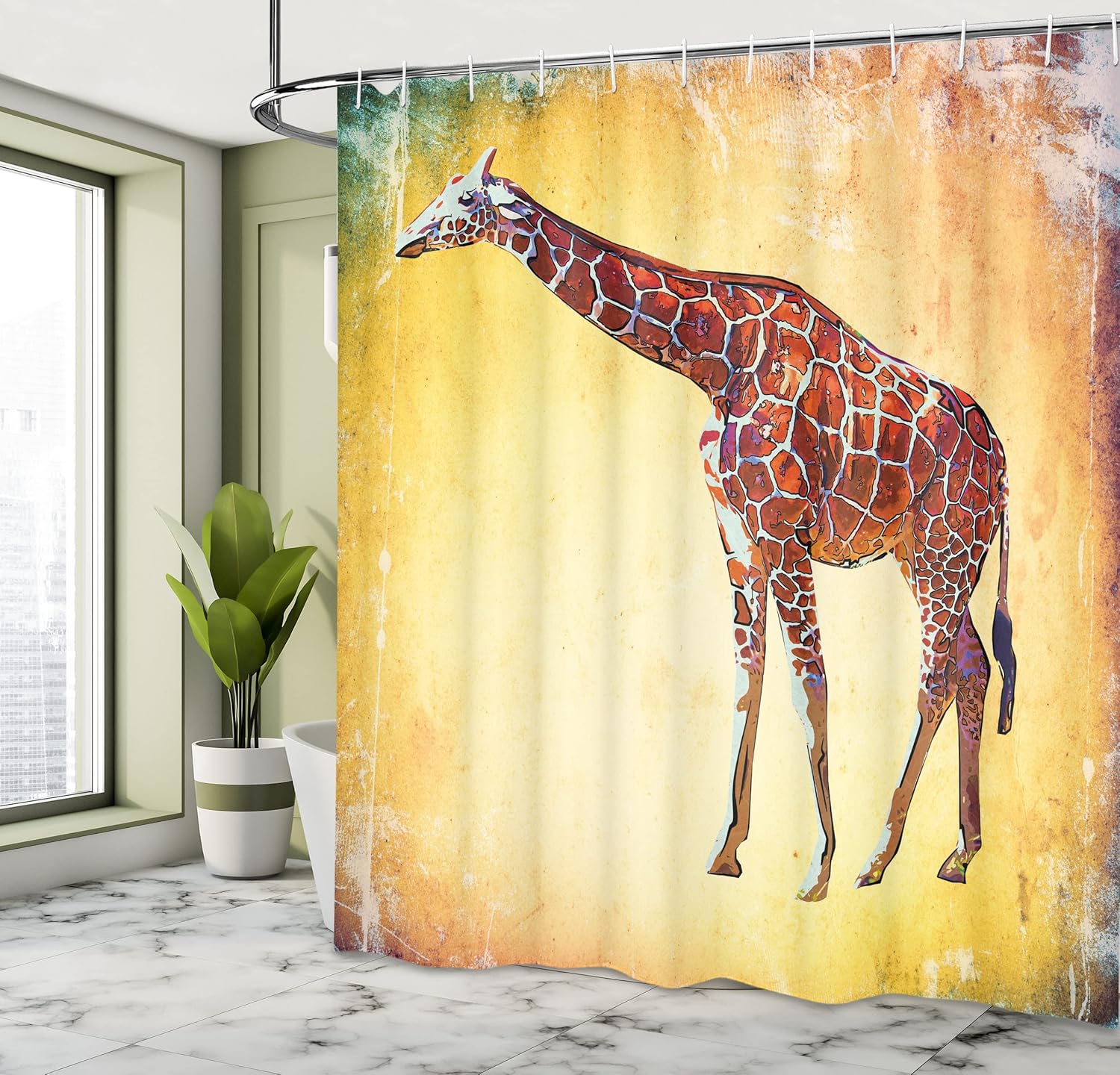 Ambesonne Giraffe Shower Curtain, Vintage Style Illustration Watercolor Animal Wildlife Savannah Zoo Retro Art, Cloth Fabric Bathroom Decor Set with Hooks, 69" W x 70" L, Pastel Yellow Multicolor