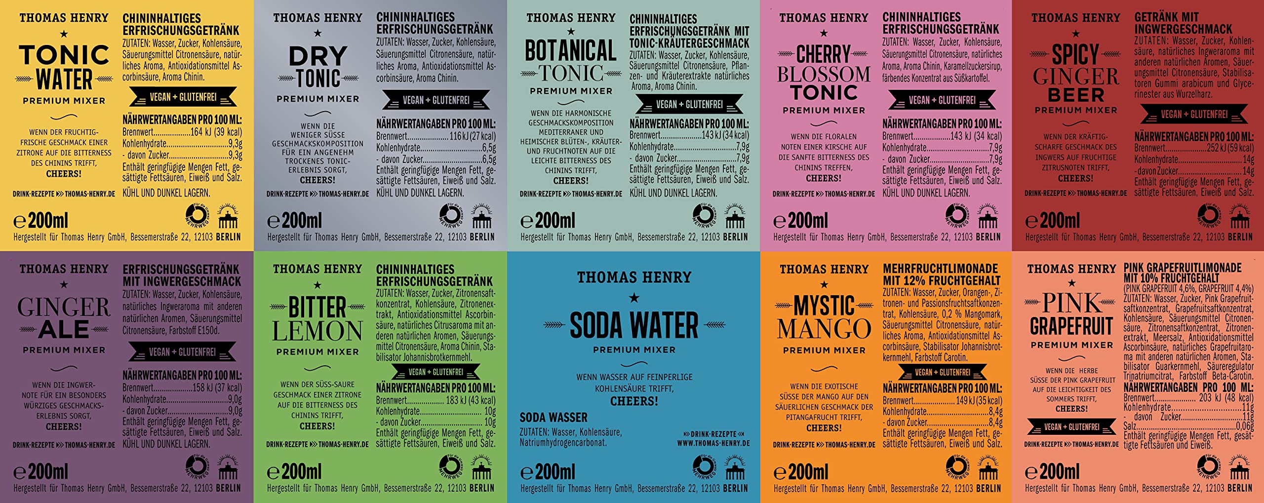 Thomas Henry Set di 10 varietà Tonic Water, Dry, Botanical, Cherry Blossom, Spicy Ginger, Ale, Lemon Amaro, Soda Water, Mystic Mango & Pink Pompelmo