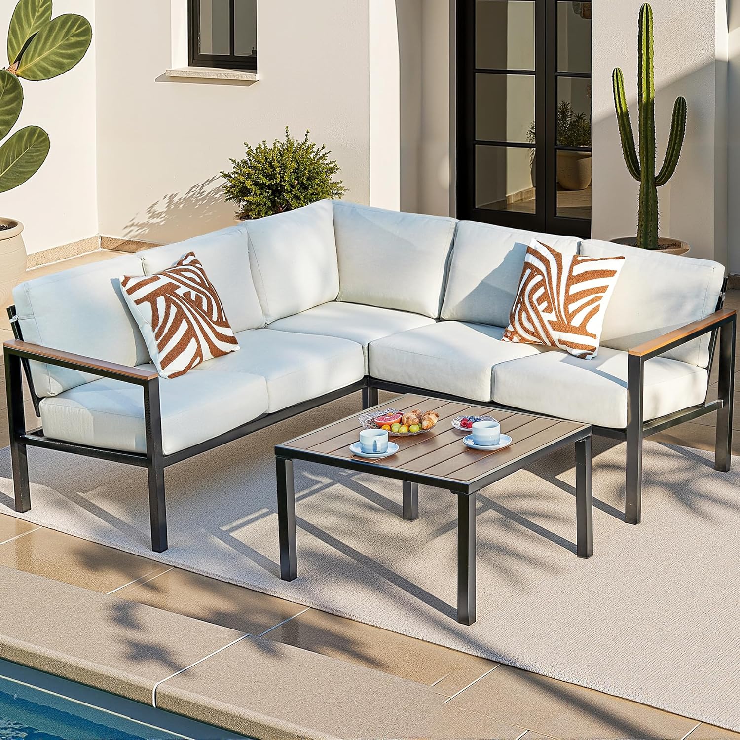NATURAL EXPRESSIONS 6 Pieces Patio Furniture Set,Outdoor Couch Sofa with Thick Olefin Cushions,Fauxwood Armrest and Tabletop,Ergonomic Highback Frame,Outdoor Sectional Furniture for Backyard,Deck