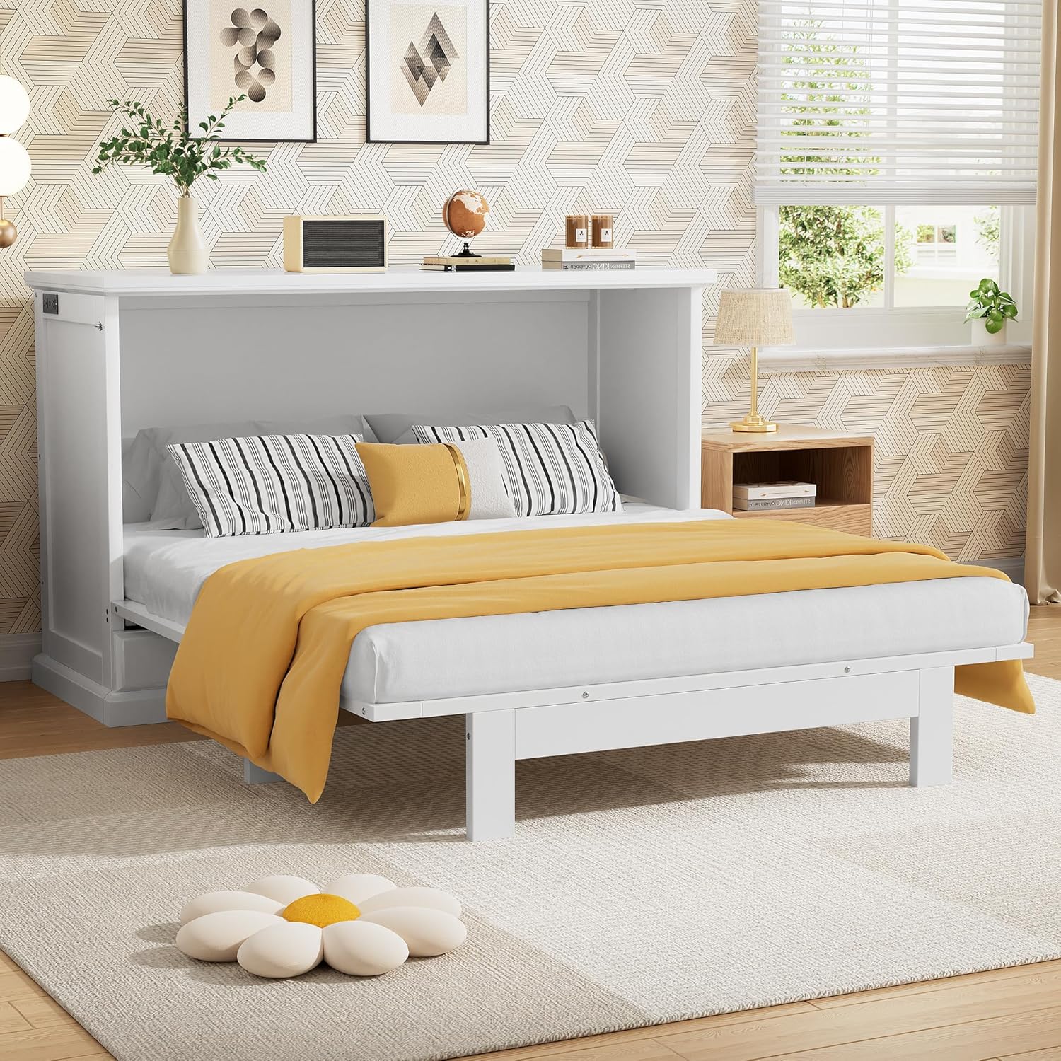 Queen Murphy Bed Frame with Drawer & Charging Station for Home Office or Small Room,Cabinet Bed w/Slats Support for Girls/Boys,Modern Style & Space Saving Design,Gray