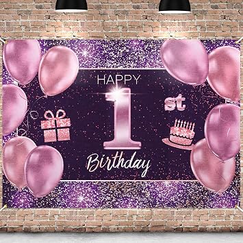 Happy 1st Birthday Banner Backdrop - 1 Birthday Party Decoration Supplies for Girls - Pink Purple Gold 4 x 6ft