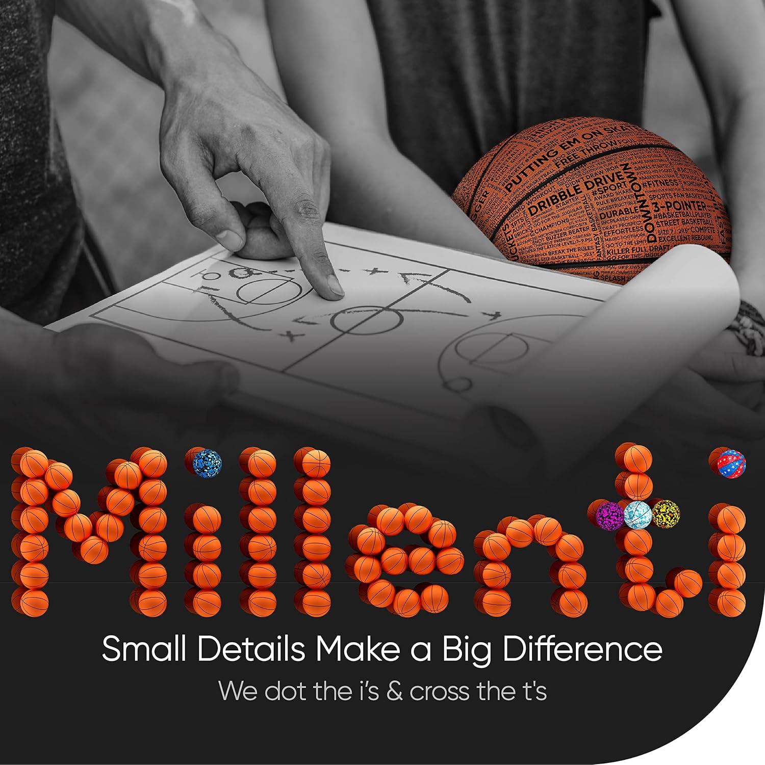 Millenti StreetCred-Lingo Series Indoor/Outdoor Basketballs Size 7-29.5 Premium Rubber Perfect Grip, with Chick Hearn Classic One Liner Basketball Adjectives, Orange, BB0107O